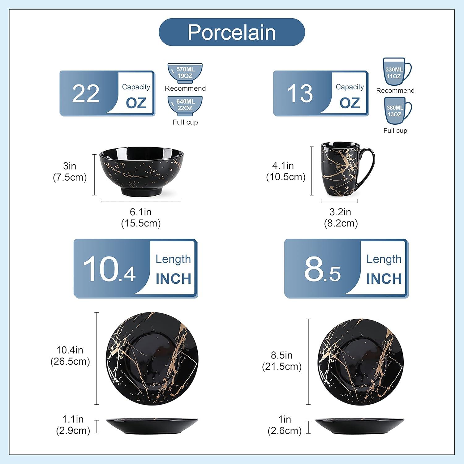 Plates And Bowls Sets For 4, Porcelain Dinnerware Sets  Gold Splash Glaze Ceramic Dish Set, Round Dinner Set With Mugs, Dishwasher Microwave Safe,(Black/16 Piece)