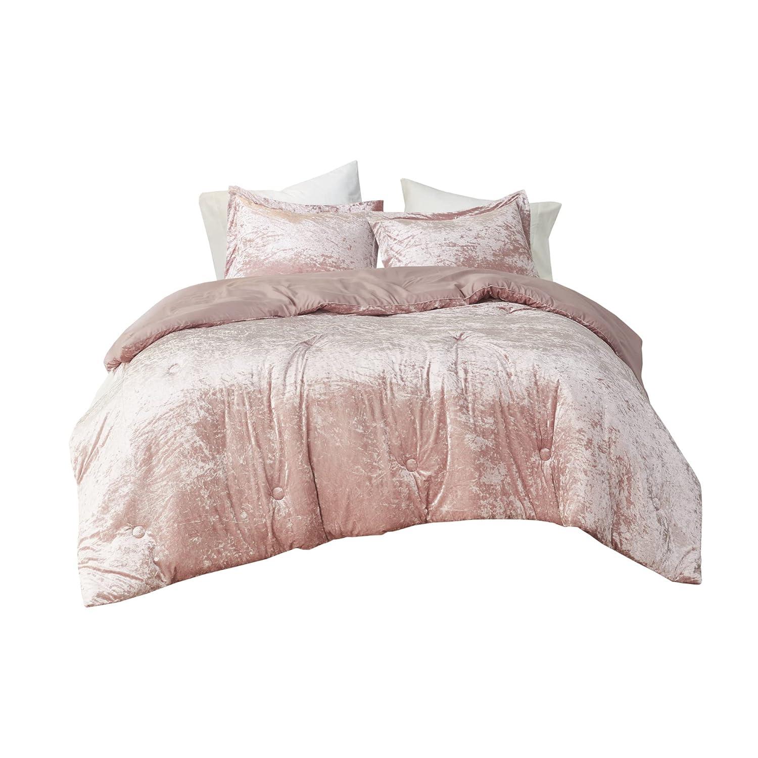 Comfort Spaces Full/Queen Cozy Velvet Comforter Sets, Luxe 3-Piece All Season Down Alternative Bedding Set, Pink Blush Damask Comforter Bed Set with Pillow Shams
