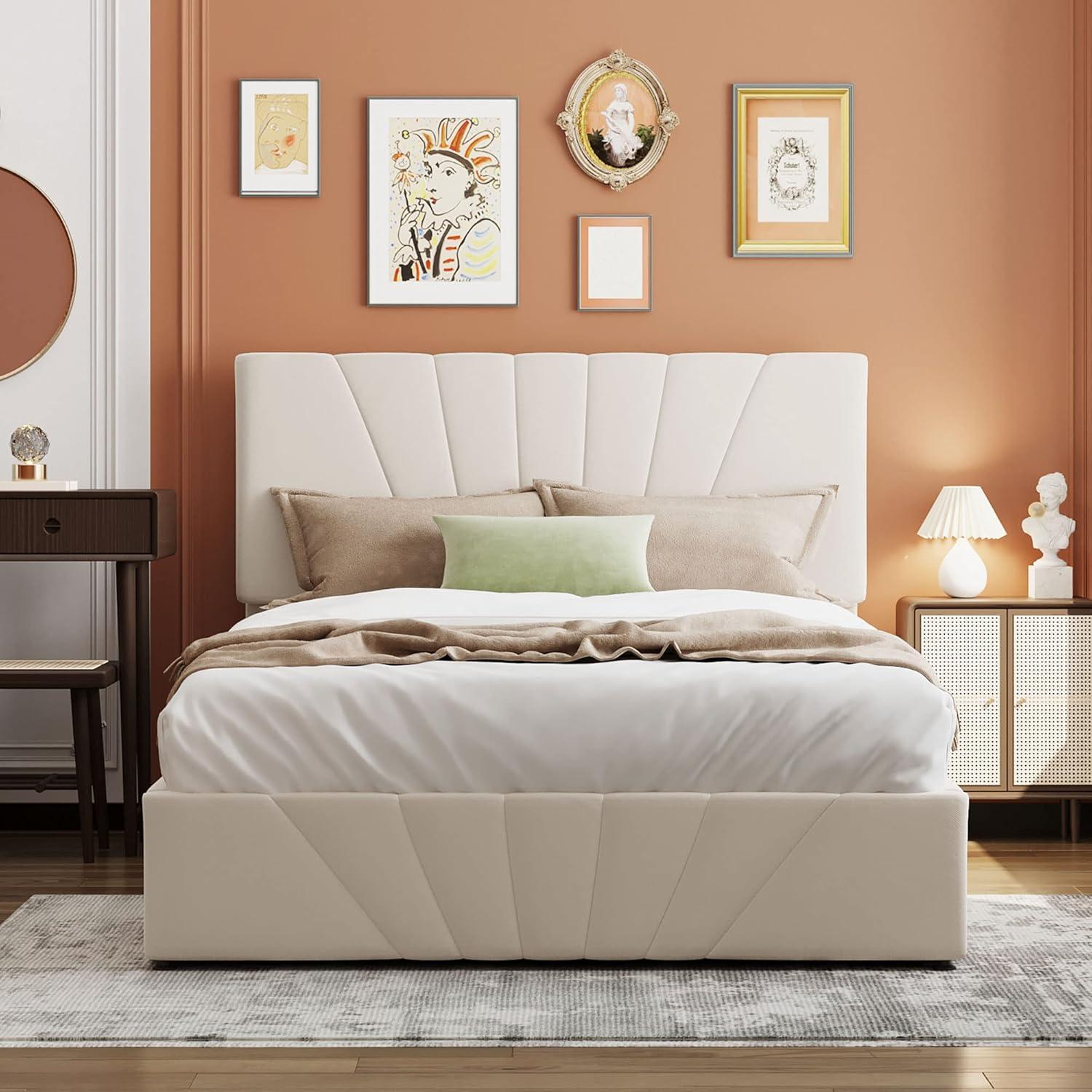 Beige Full Linen Upholstered Platform Bed with Storage