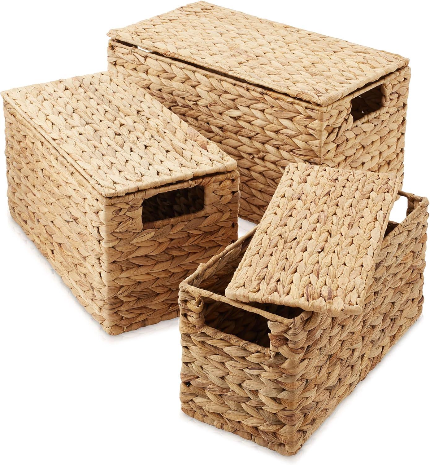 Casafield Set of 3 Water Hyacinth Storage Baskets with Lids - Small, Medium, Large - Decorative Bins for Bathroom, Closets, Laundry, Shelves