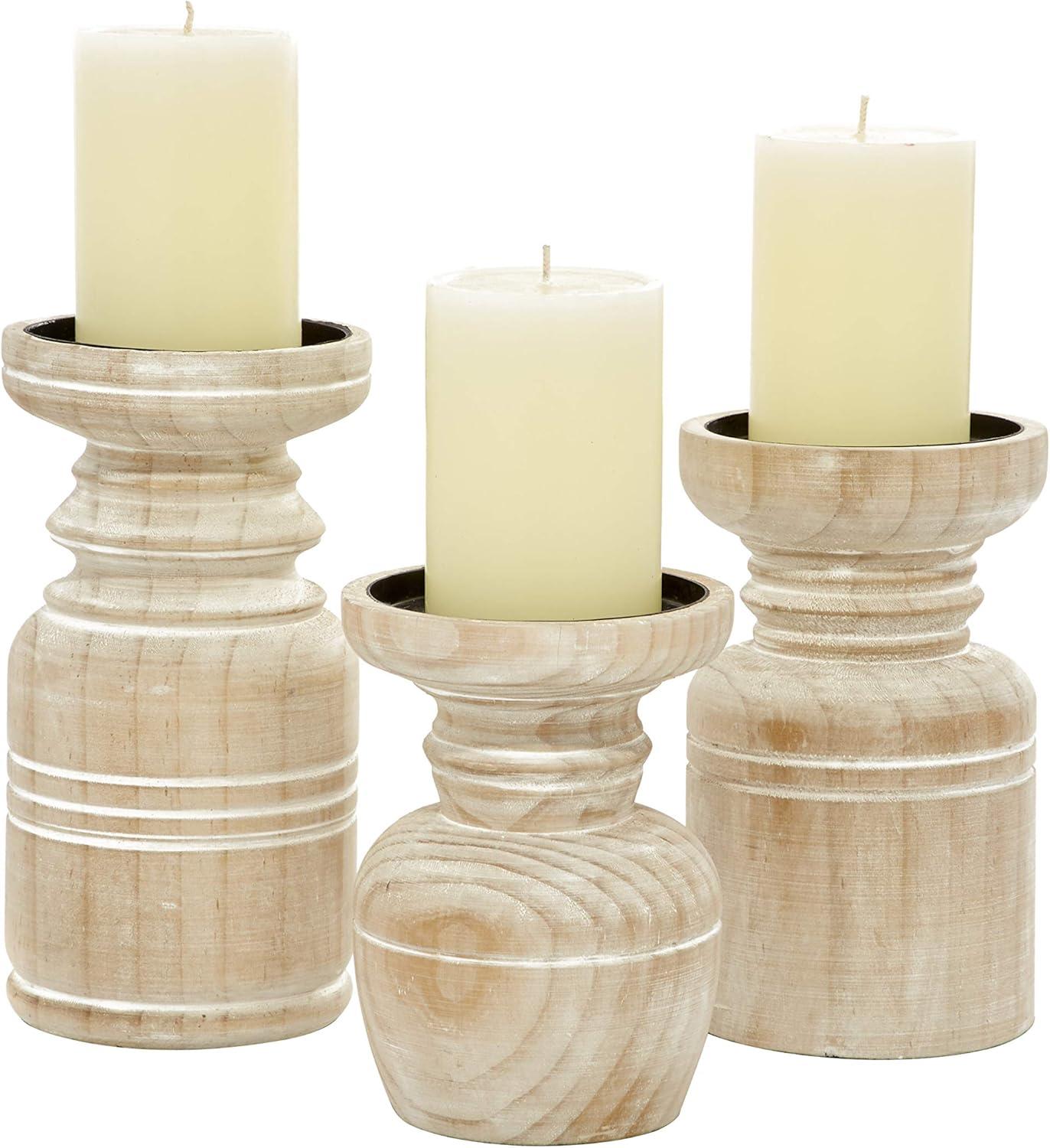 DecMode 3 Candle Brown Wood Pillar Candle Holder with White Wash Finish, Set of 3