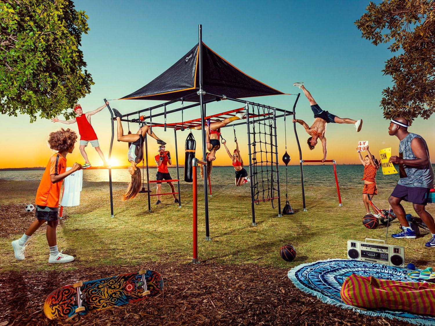 VULY Family Quest Monkey Bars Large Ninja Warrior Playset with Shade Cover, Cargo Net, Gym Rope, Bounce Swing