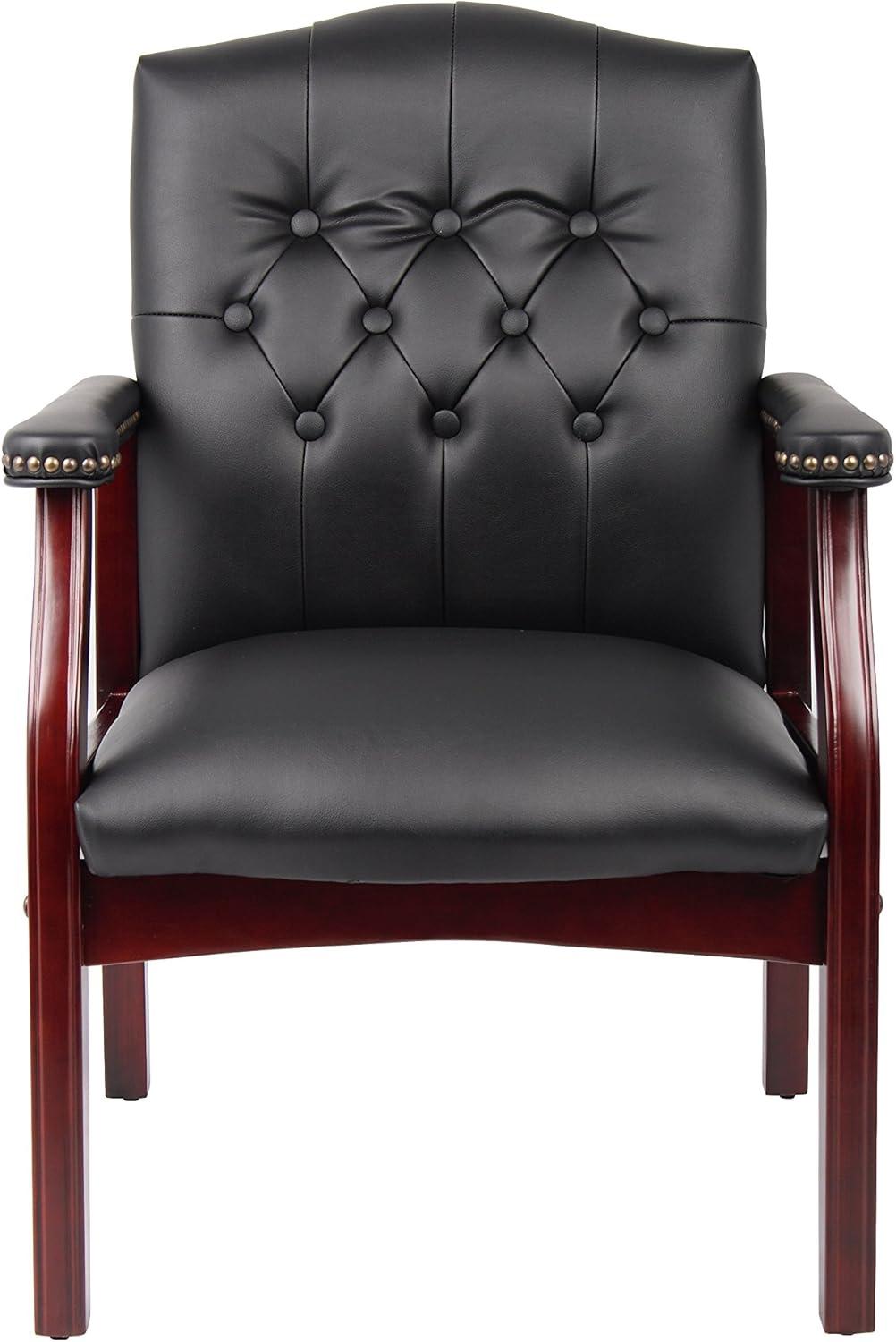 Classic Traditional Button Tufted Black Vinyl Guest Chair with Mahogany Wood Frame