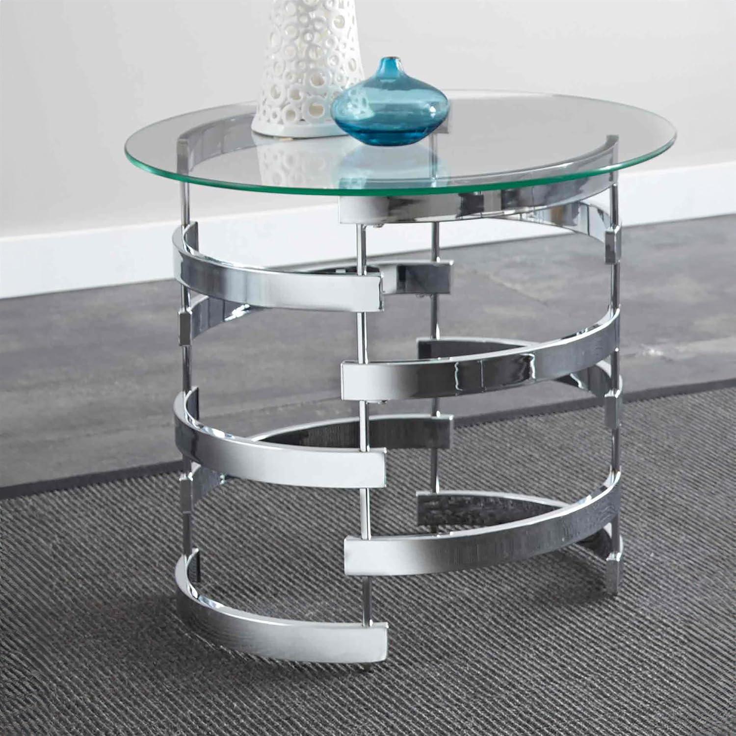 Tayside End Table Glass and Chrome - Steve Silver Co.: Circular, Chrome Frame, Tinted Top