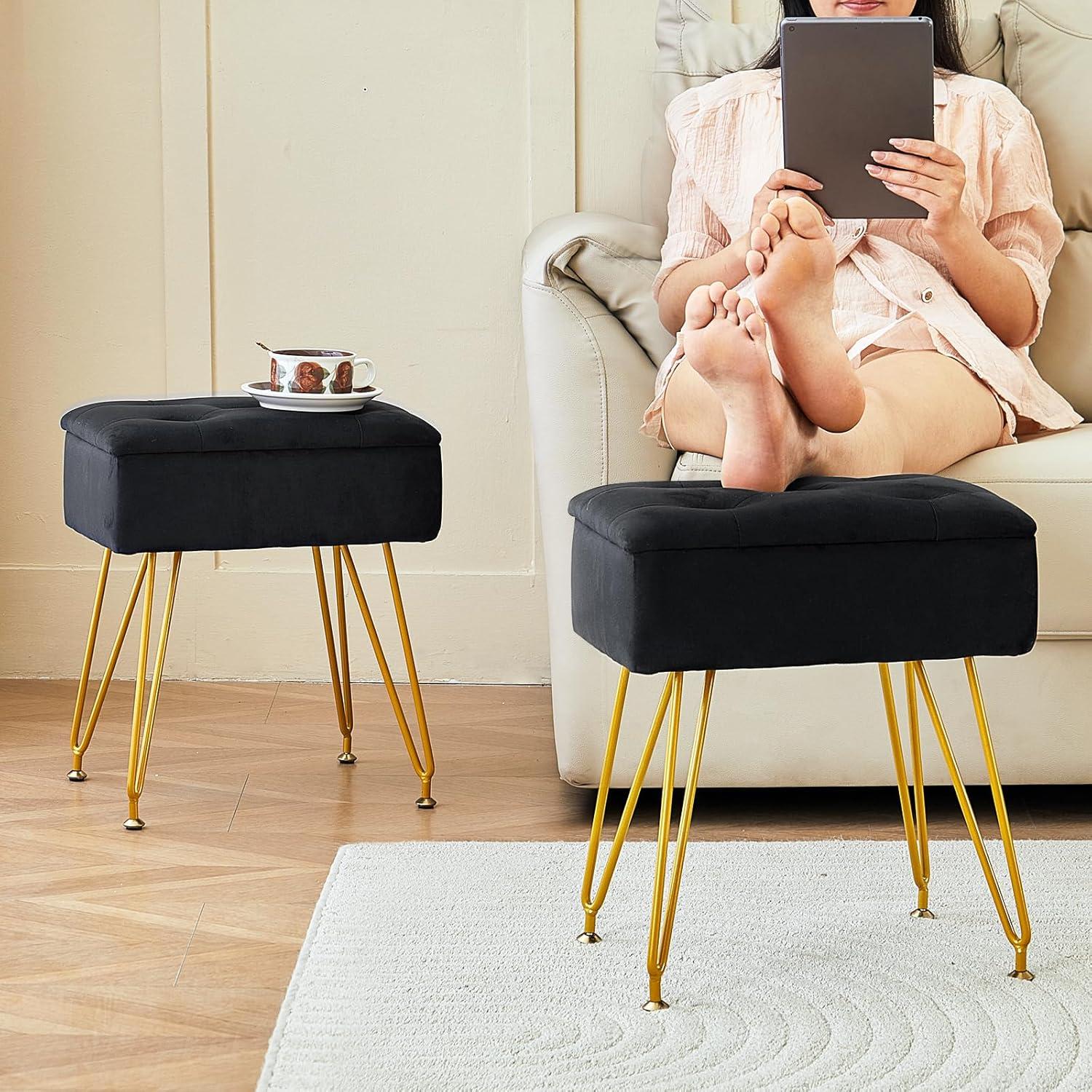 Vanity Stool Chair with Storage, Square Velvet Makeup Vanity Chair with Metal Legs & Adjustable Gold Feet, Flip Top Ottoman Foot Rest with Soft Padded Seat for Bedroom Living Room, Black