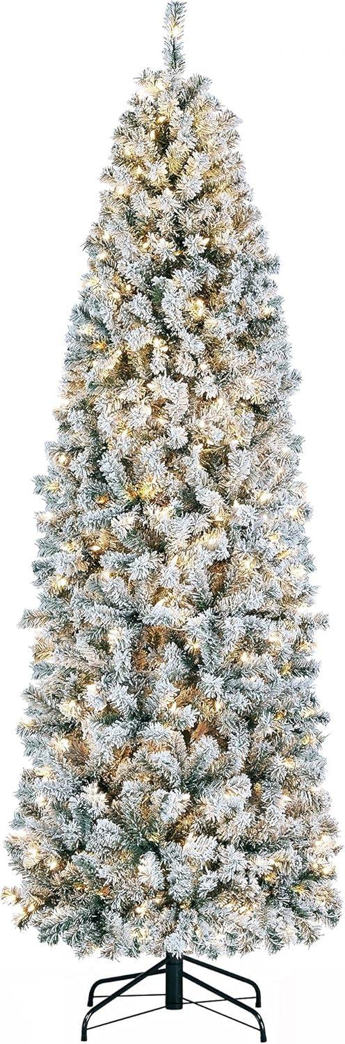 7.5ft Pre-lit Snow-Flocked Kingswood Fir Pencil Artificial Christmas Tree