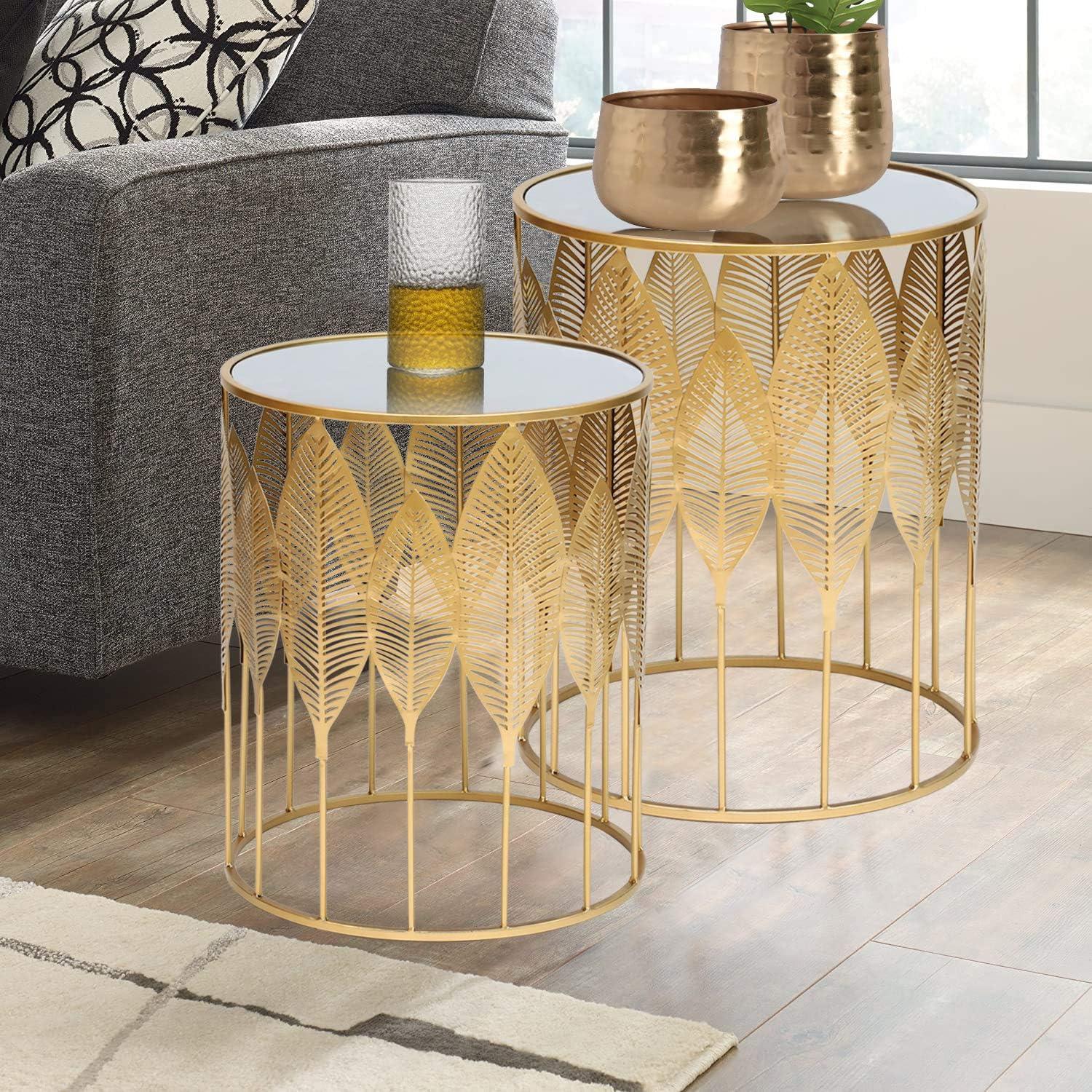 Gold Leaf Round Mirrored Nesting Side Tables Set