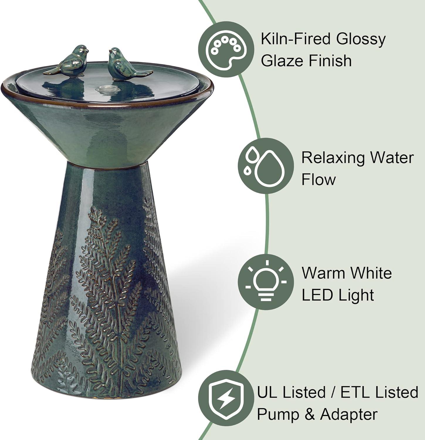 Glitzhome 27.5" Fountain with Pump and LED Light Embossed Pedestal Ceramic Bird Bath, Turquoise