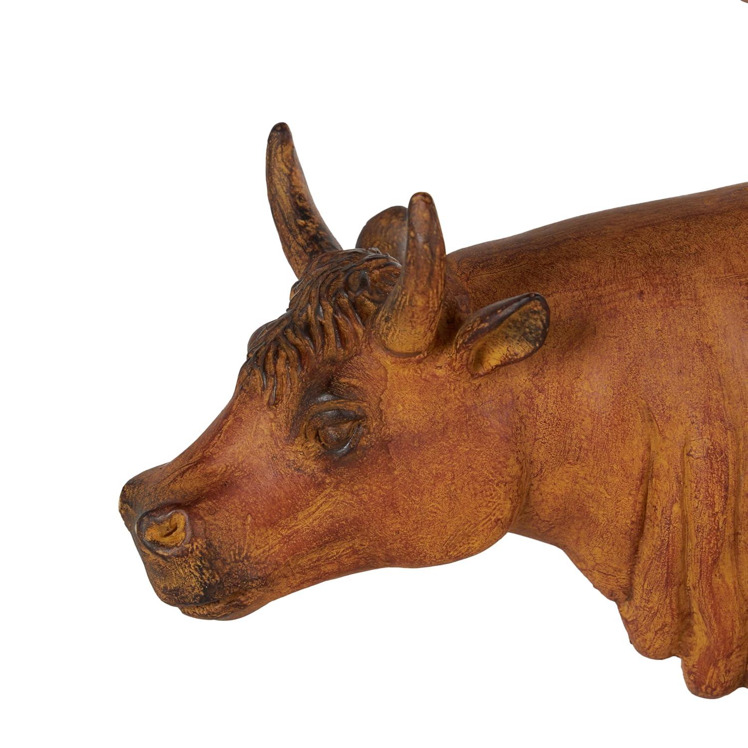 Distressed Copper Cow Statue with Beige Roosters and Chicks