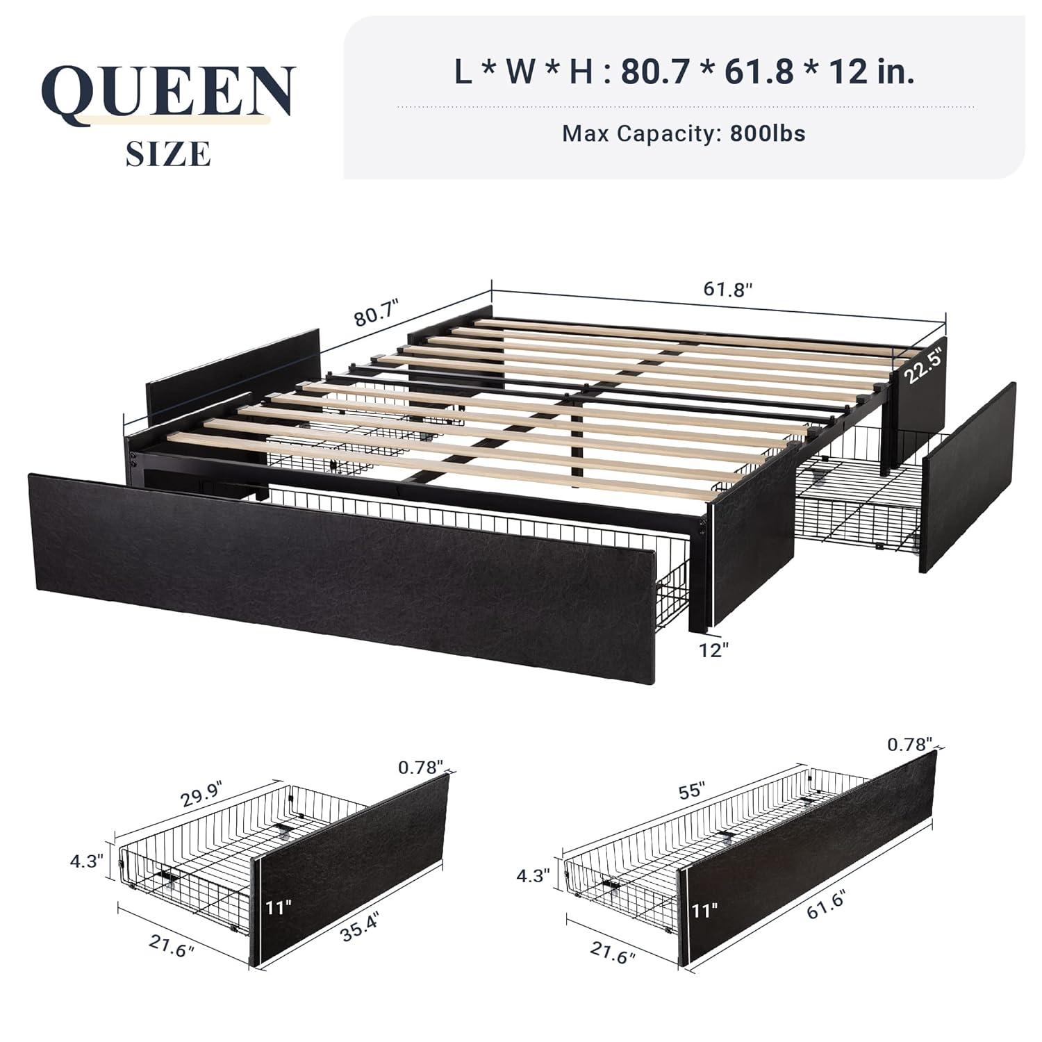 Allewie Queen Size Platform Bed Frame with 3 Storage Drawers, Faux Leather Upholstered, Wooden Slats Support, No Box Spring Needed, Easy Assembly, Black
