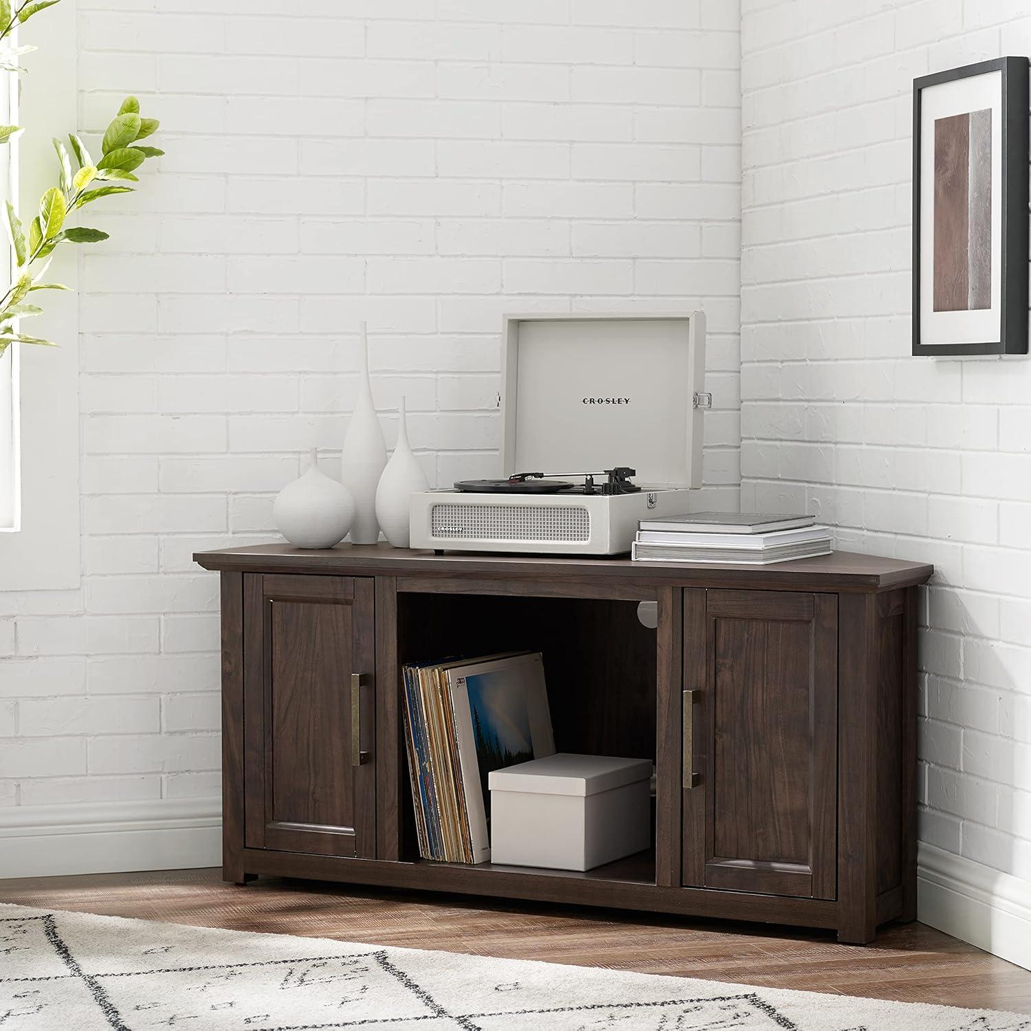 Rustic Dark Walnut Corner TV Stand with Cabinets