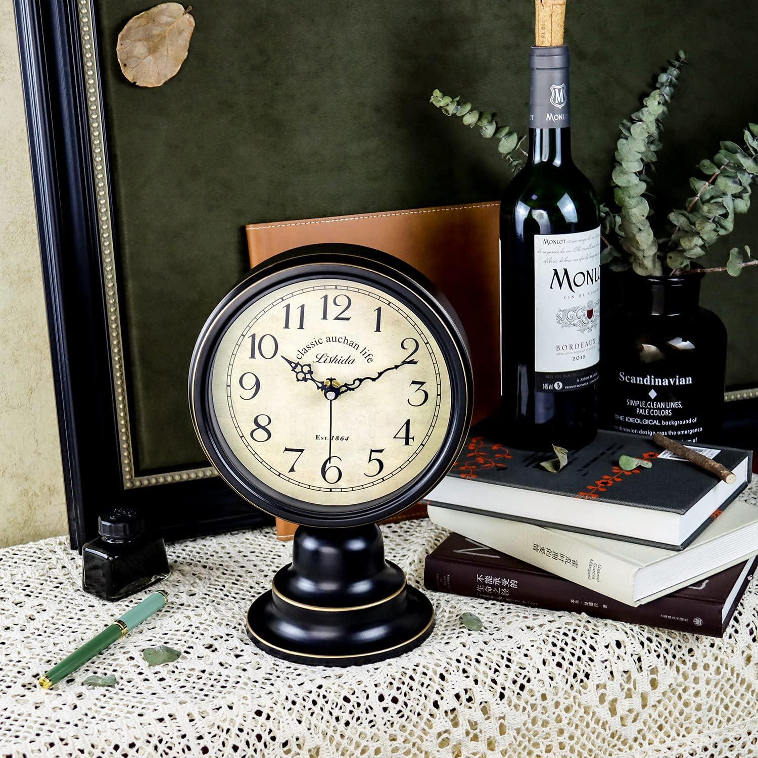 Mid Century Modern Desk Clock for Bedroom Kitchen Vintage Table Clock Mantel Desktop Farmhouse Tabletop Metal Clock for Office Living Room Silent Decor Battery Operated Black Clock