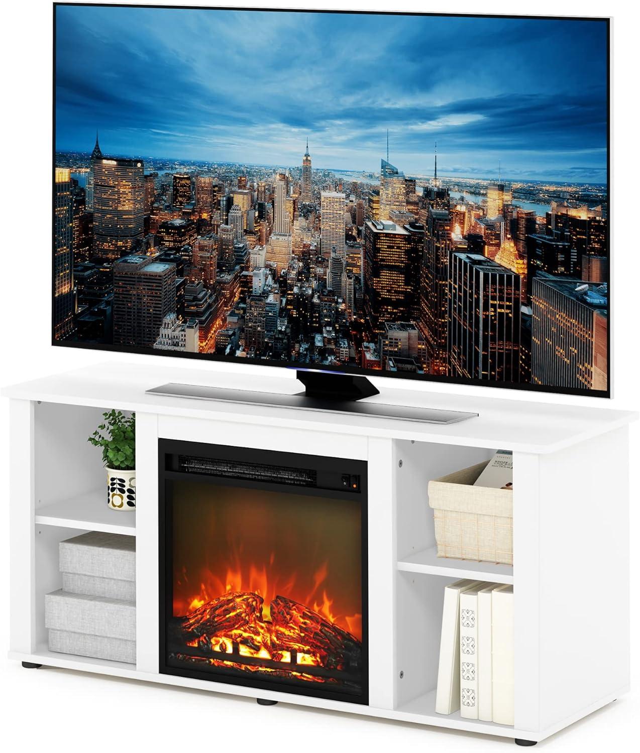 Furinno Fireplace TV Stand Entertainment Center TV Console Cabinet w/Open Storage Shelf for TV up to 55",White