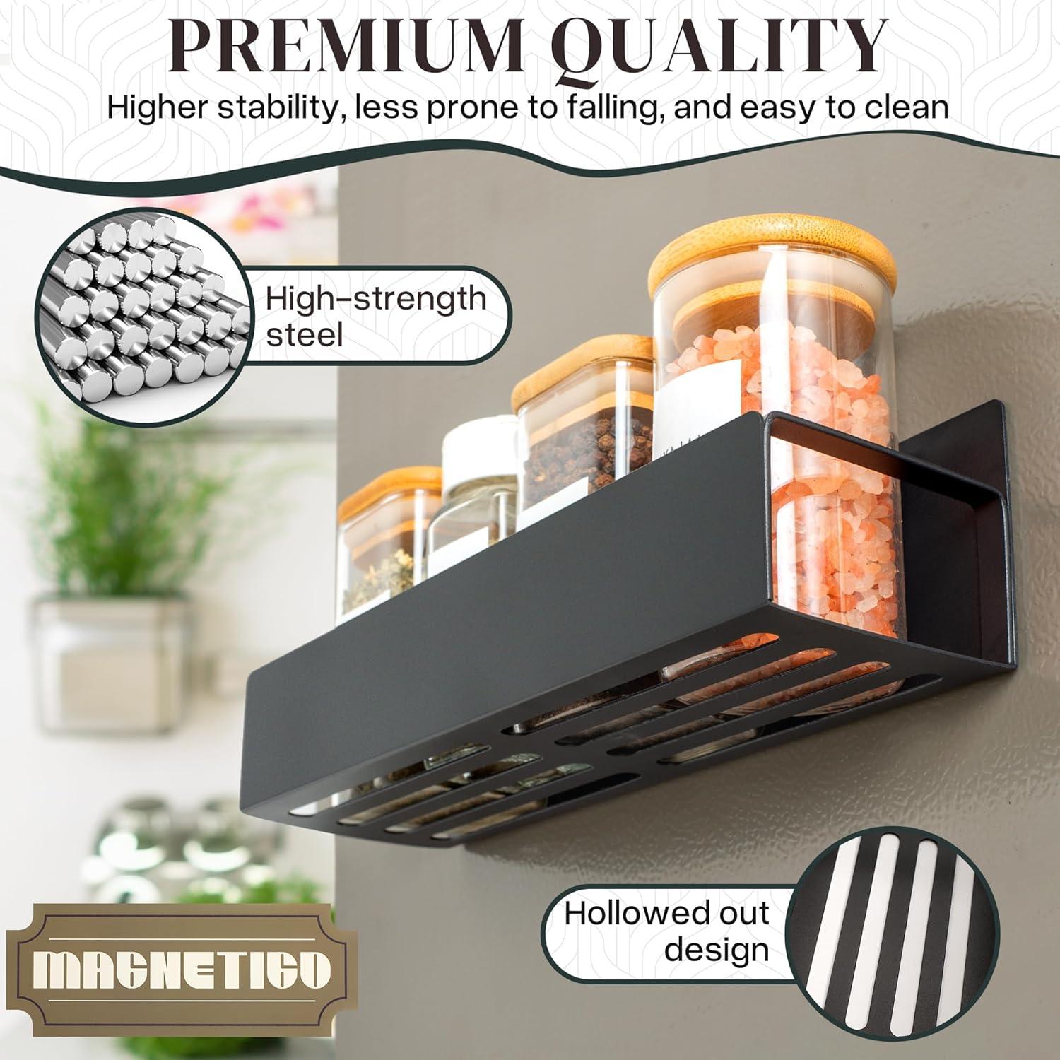 Roysili Magnetic Spice Rack For Refrigerator Magnetic Fridge Shelf For Kitchen Spice Organizer Magnetic Shelf For Fridge Space Saving Black 4 Pack With Magnetic Paper Towel Holder 4 Pack Black