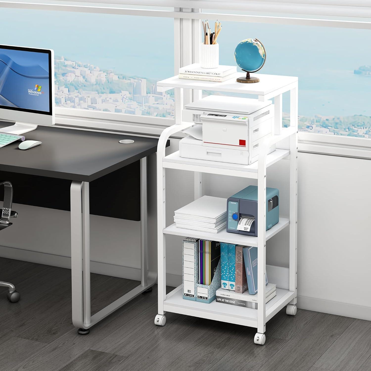 White 4-Tier Adjustable Printer Stand with Wheels