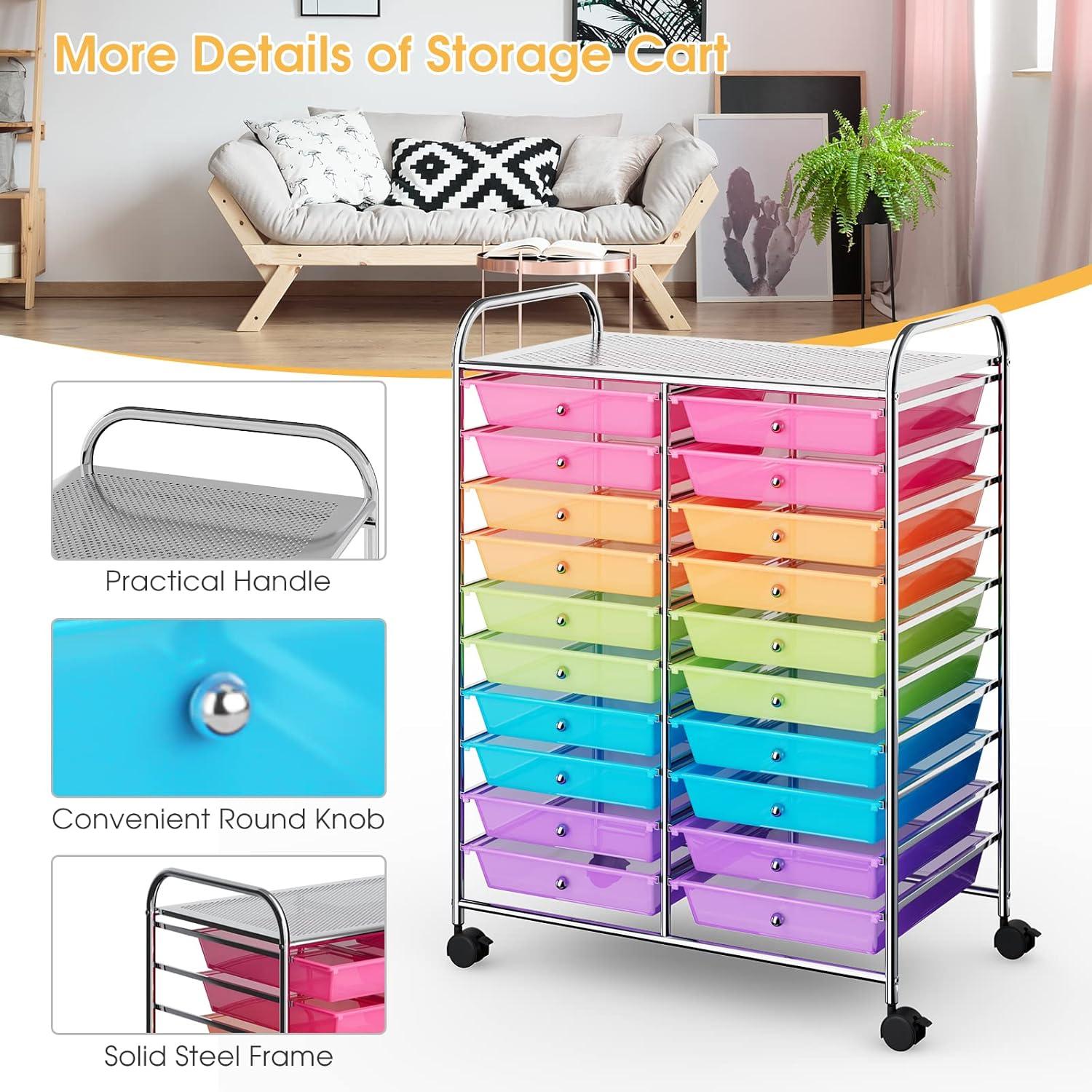 20-Drawer Organizer Cart Tools, Mobile Utility Storage Cart with Detachable Drawers & Lockable Wheels, Rolling Storage Cart with wheels for Home Office School(Multicolor)