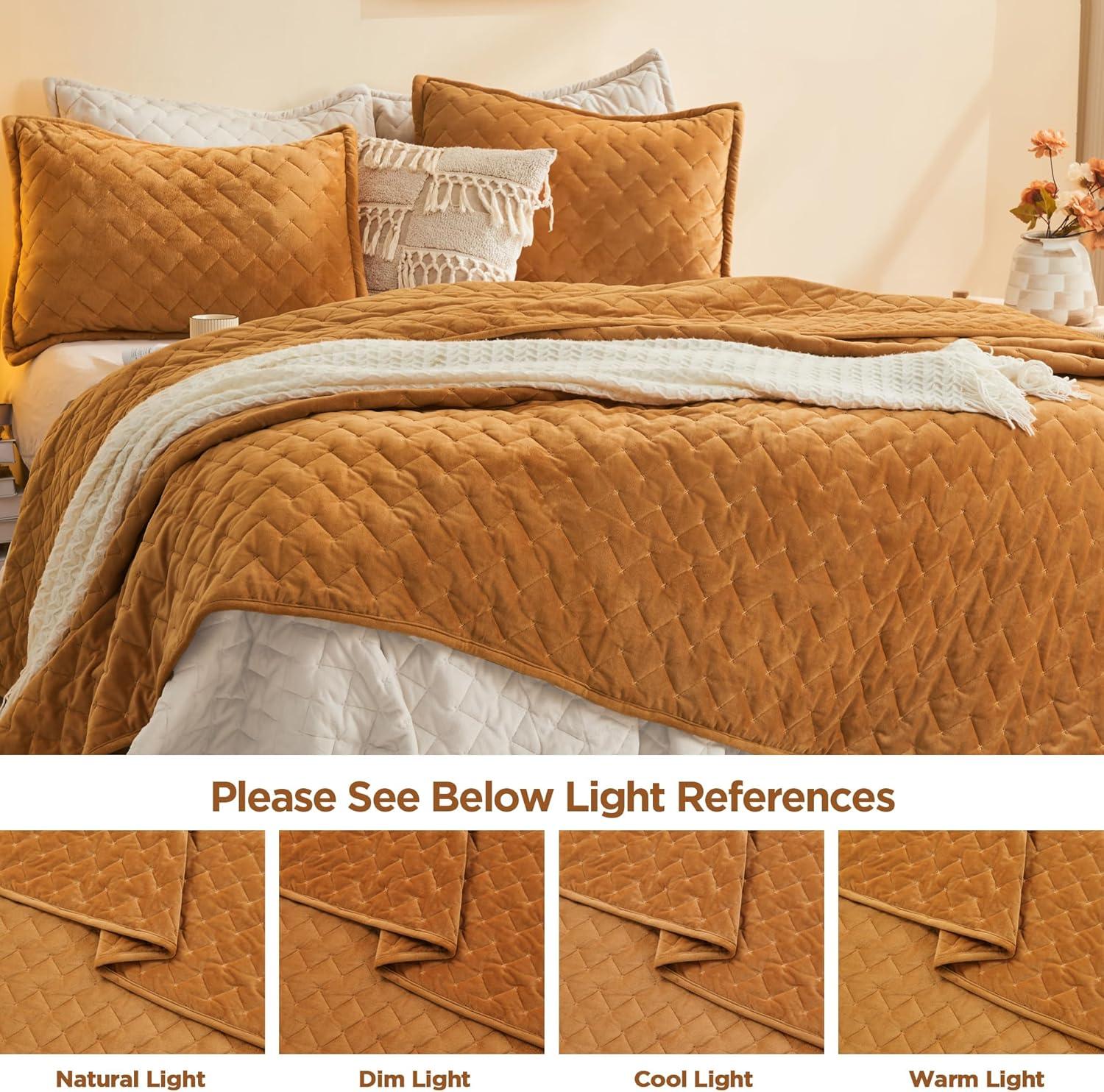 Chezmoi Collection Lux Caramel Gold Velvet Quilt Queen Set, 3-Piece Lush Plush Distressed Velvet Bedding All Season Lightweight Comforter Brushed Microfiber Reverse with Diamond Stitch Quilting