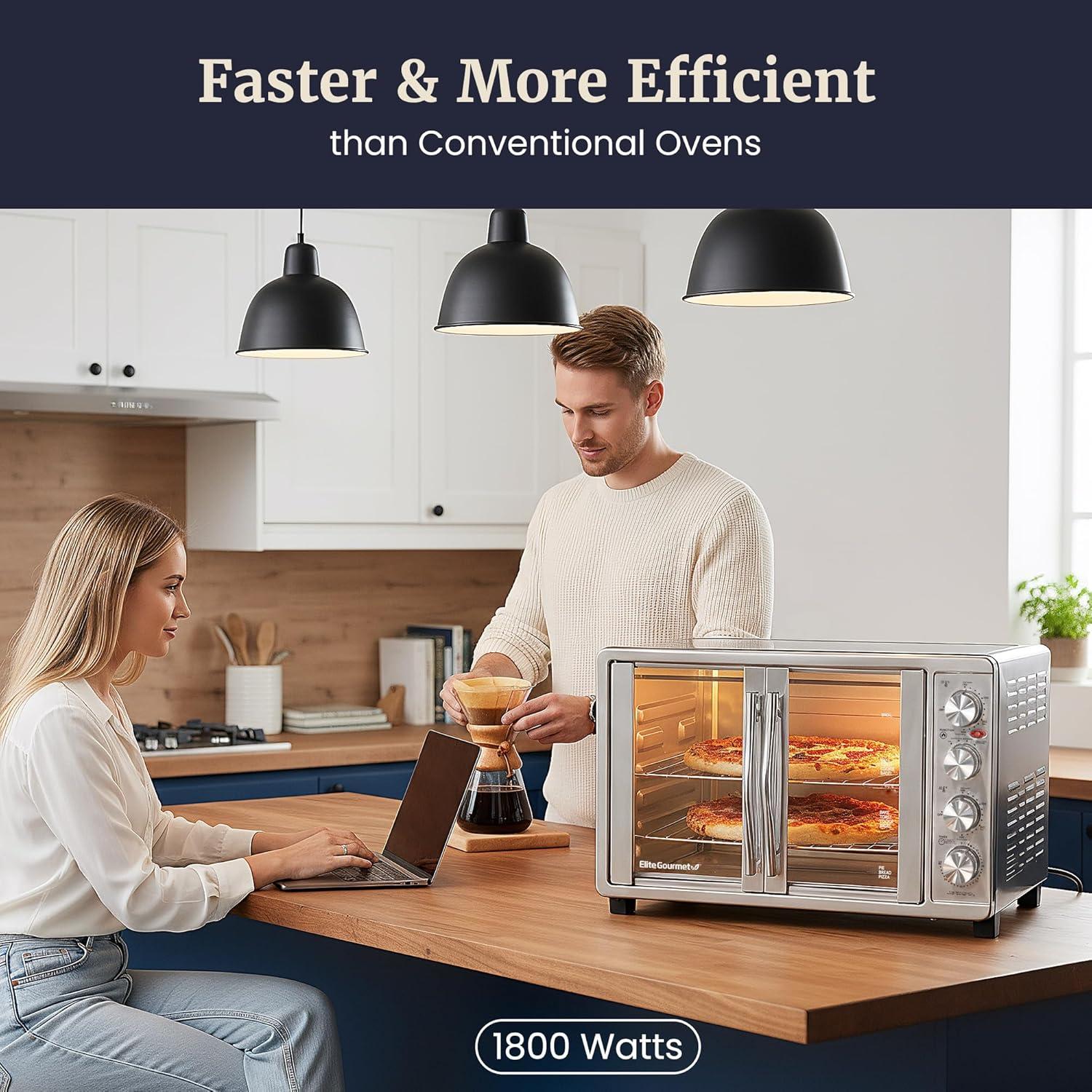 MODERN WALLS LLC French Door 47.5Qt, 18-Slice Convection Oven 4-Control Knobs, Bake Broil Toast Rotisserie Keep Warm, Includes Pizza Racks