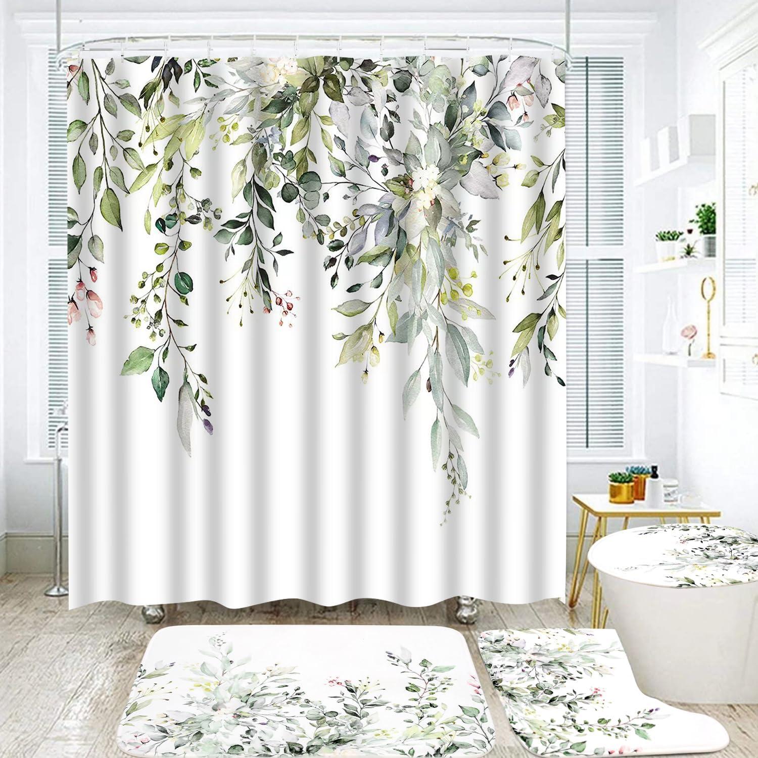 Eucalyptus Watercolor Leaves Semi-Sheer Waterproof Shower Curtain