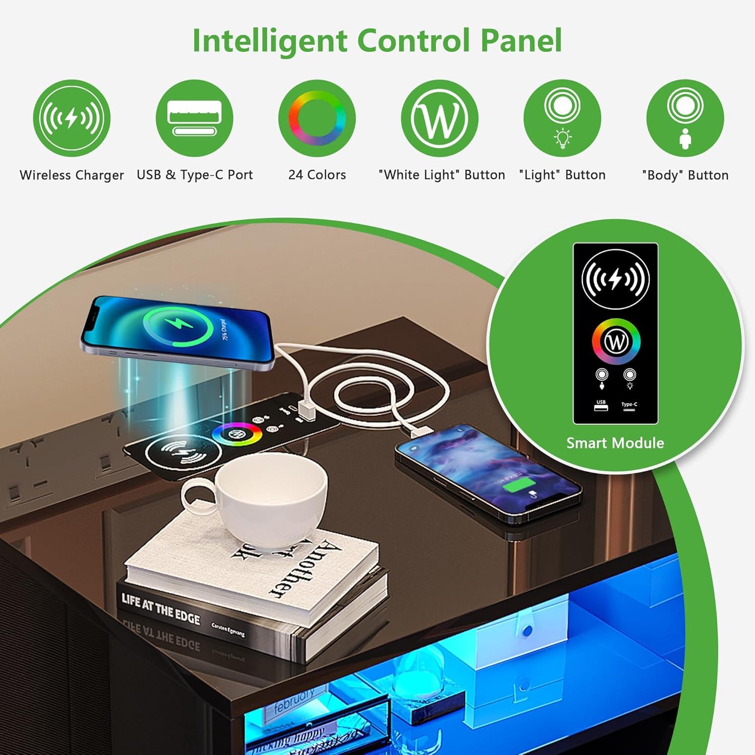 HNEBC Smart LED Nightstand with Wireless Charging & USB Ports, High Glossy Night Stand with 3 Drawers and 1 Pull-Out Tray, Modern Bedside Table with Human Sensor for Bedroom (White)