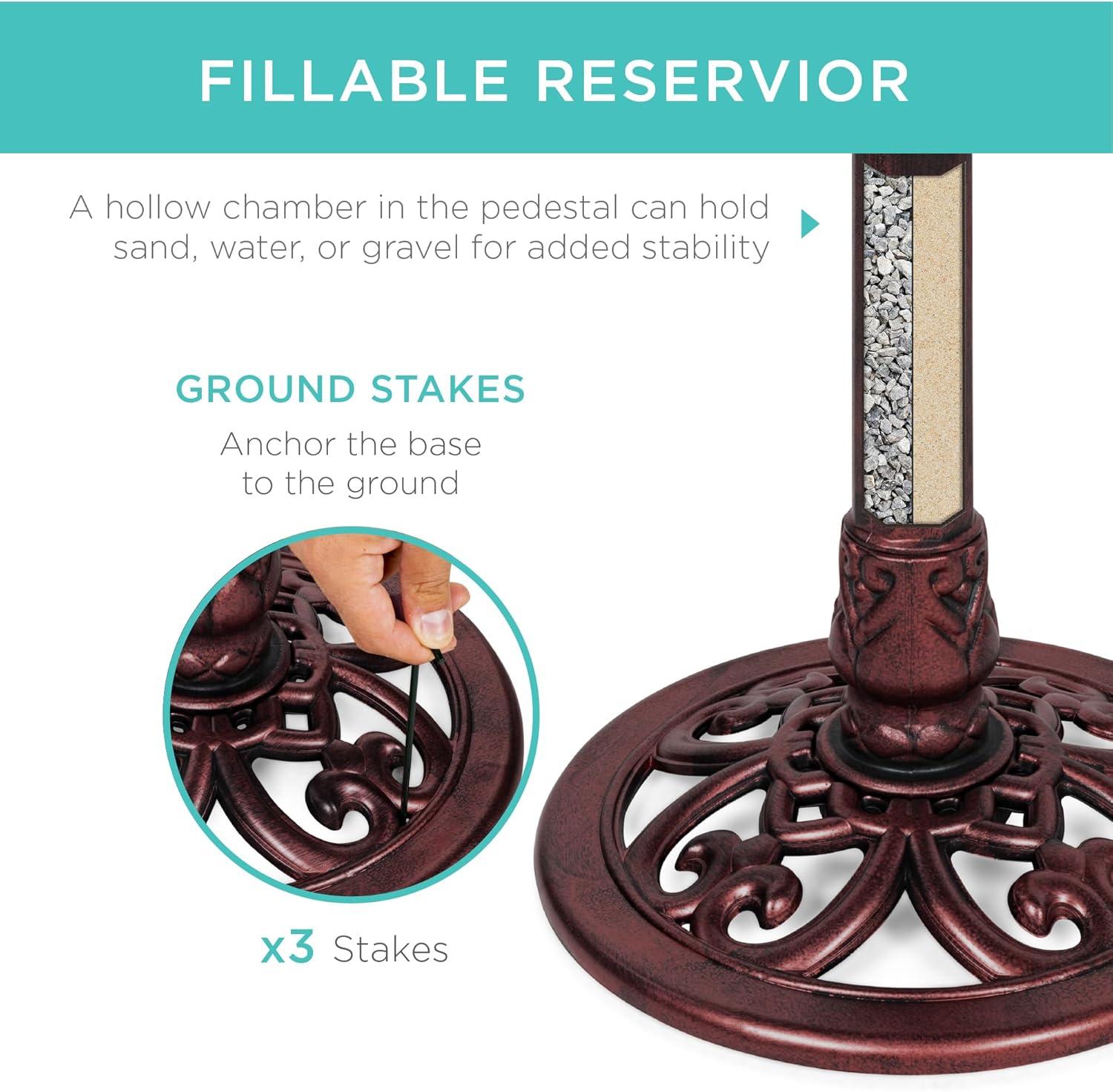 Cherry Red Rustic Polyresin Pedestal Bird Bath with Fleur-de-Lis Accents