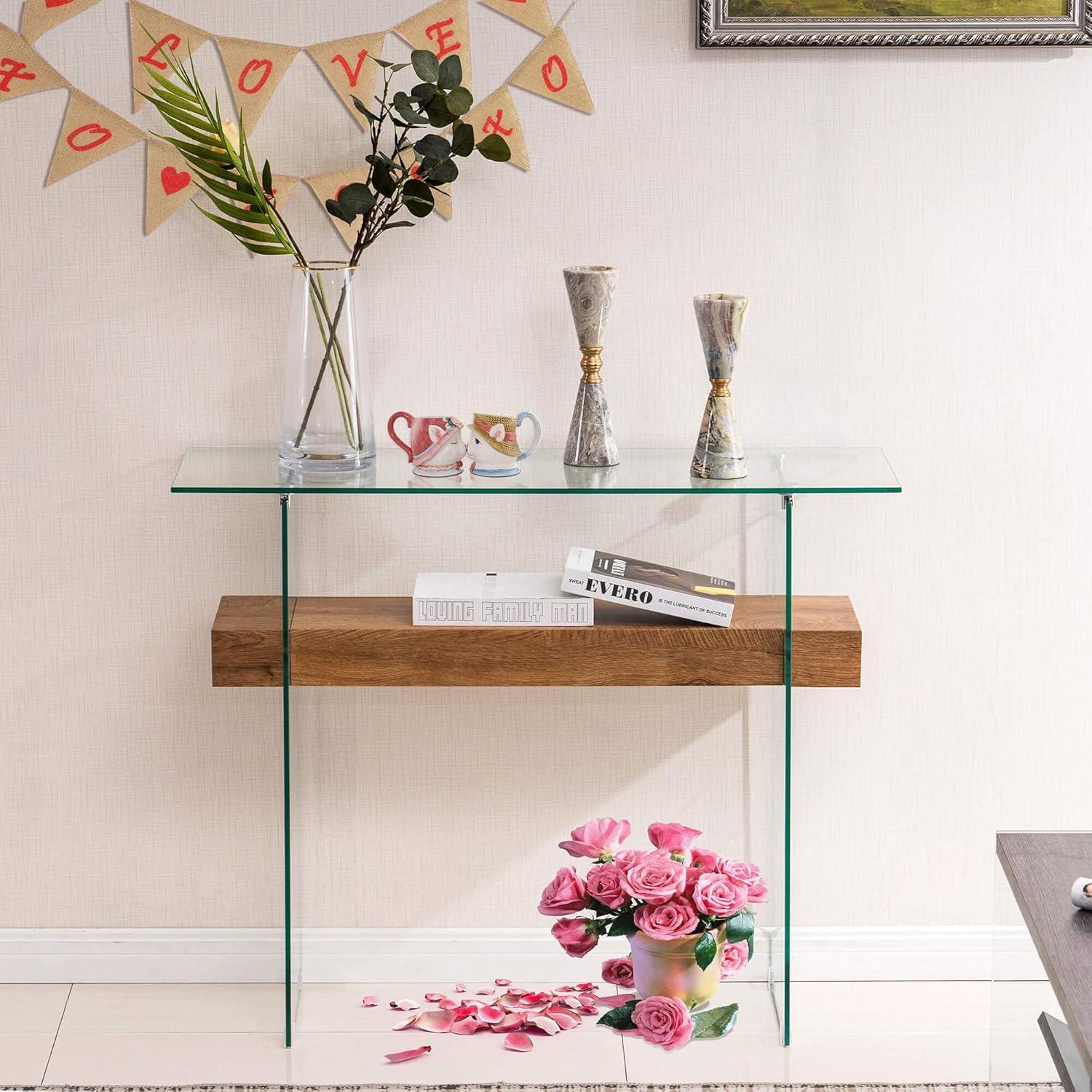 Sleek Dark Brown Glass-Top Console Table with Storage, 39.4"