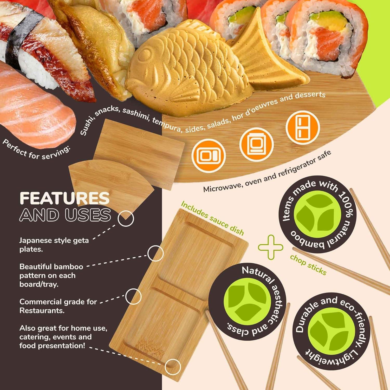 BambooMN Bamboo Sushi Board Tray, Chopsticks and Compartment Sauce Dish, 11.6" Fan - 2 Sets