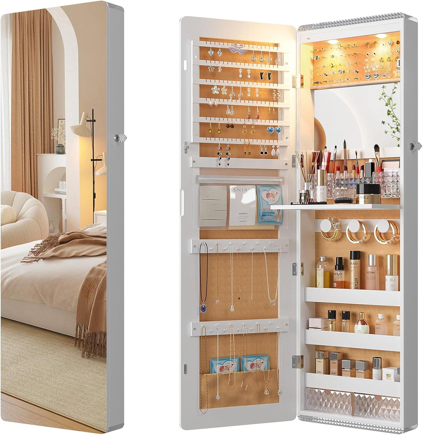 Hokku Designs LED Mirror Jewelry Cabinet,47.2" Wall Mounted Jewelry Organizer with Full-Length Mirror,Over The Door Hanging Jewelry Armoire Storage Cabinet,Folding Dresser,2 Drawers,Lockable, 3 Shelves(White)