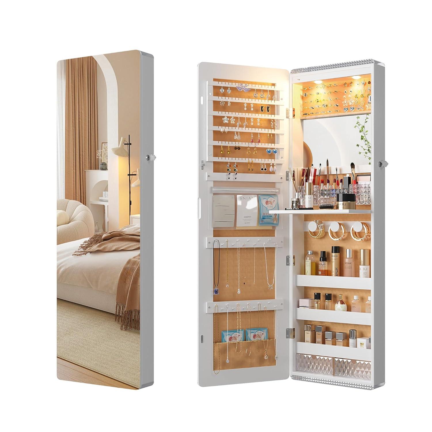 Hokku Designs LED Mirror Jewelry Cabinet,47.2" Wall Mounted Jewelry Organizer with Full-Length Mirror,Over The Door Hanging Jewelry Armoire Storage Cabinet,Folding Dresser,2 Drawers,Lockable, 3 Shelves(White)