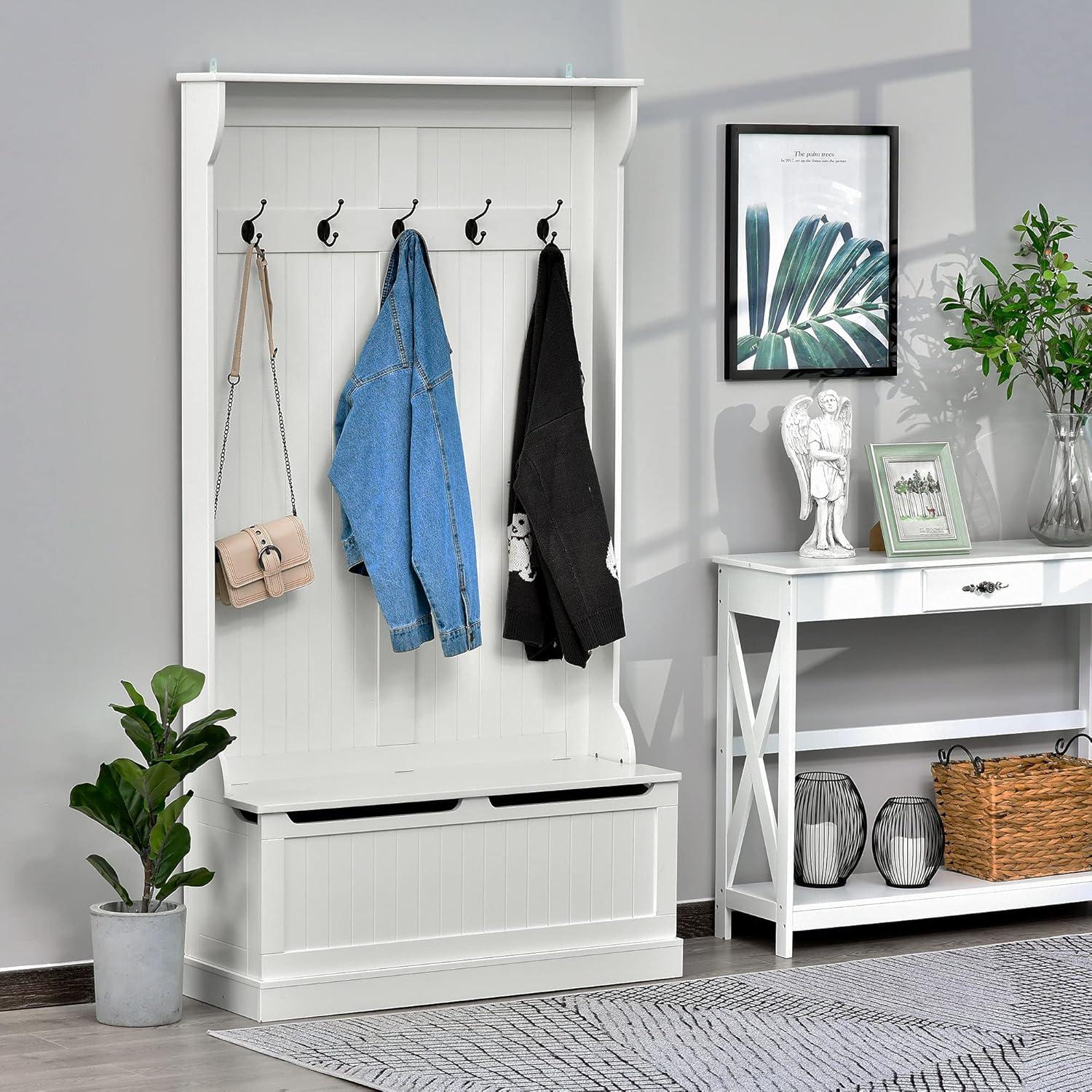 White Hall Tree with Storage Bench and Coat Rack