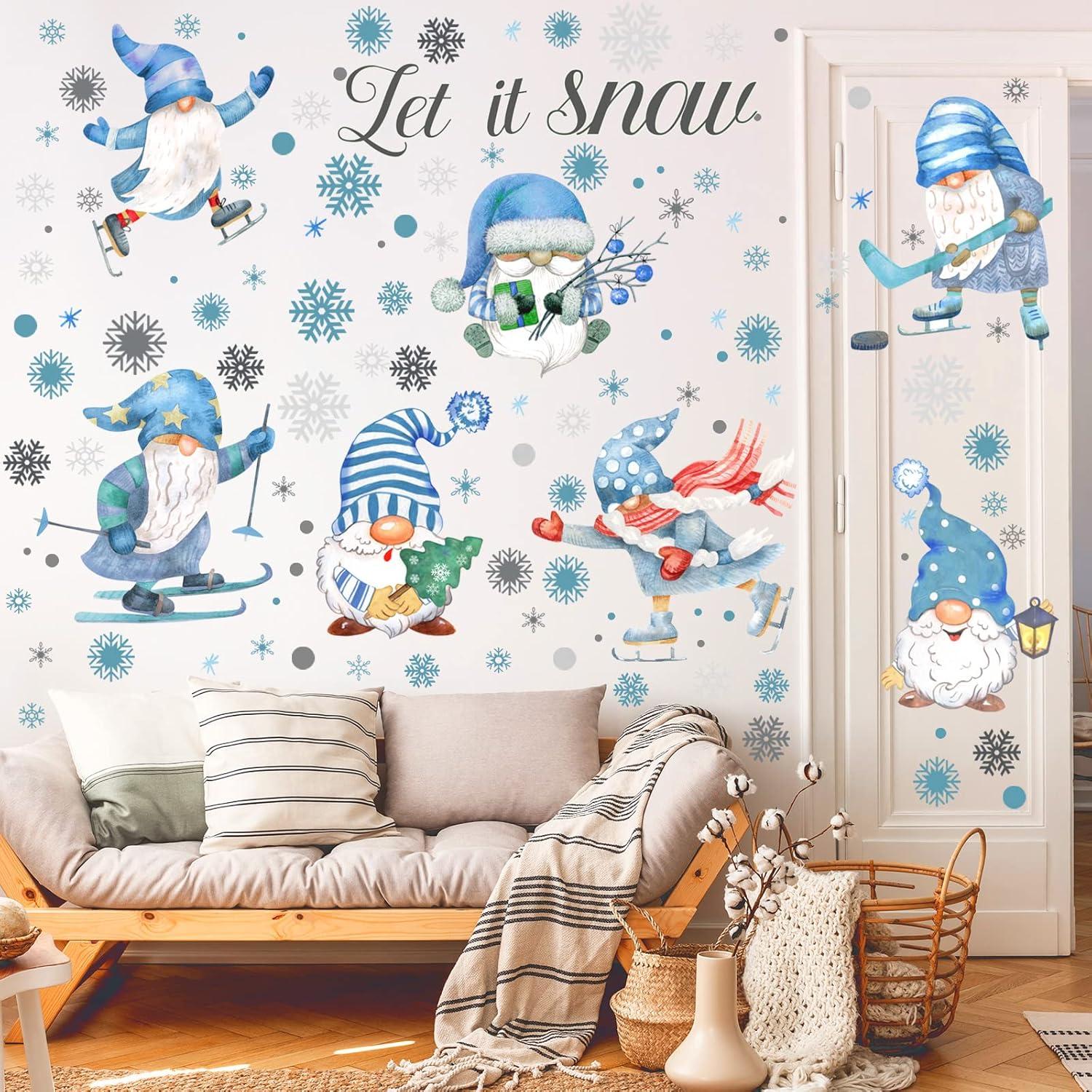 135 Pcs Snowy Winter Gnome Snowflake Wall Decals Christmas Wall Decals Snowflakes Wall Decal Silver And Blue Theme Christmas Snowflake Wall Stickers For Kid Bedroom Home Kitchen Decor Gift(Snow Style)