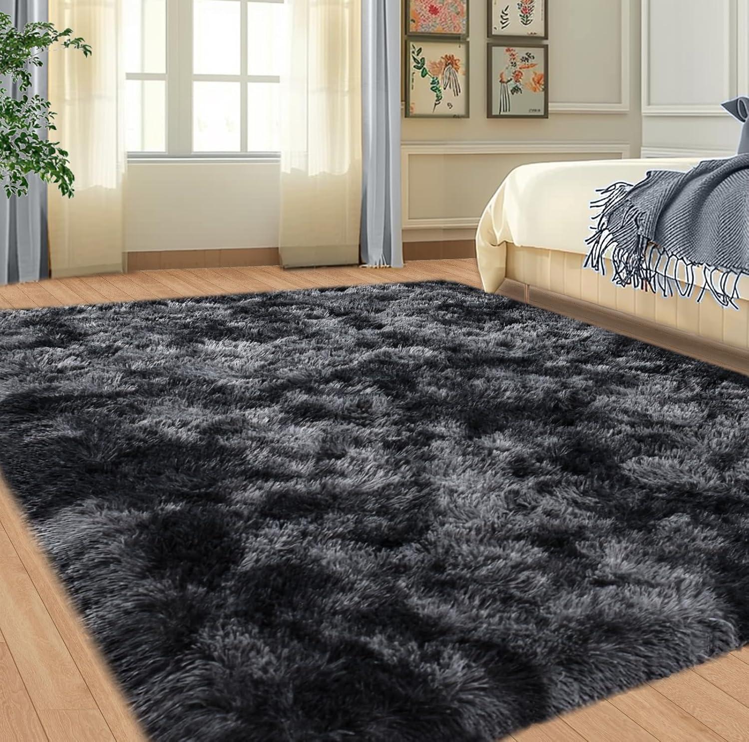 6' x 9' Black and Grey Abstract Shag Rug