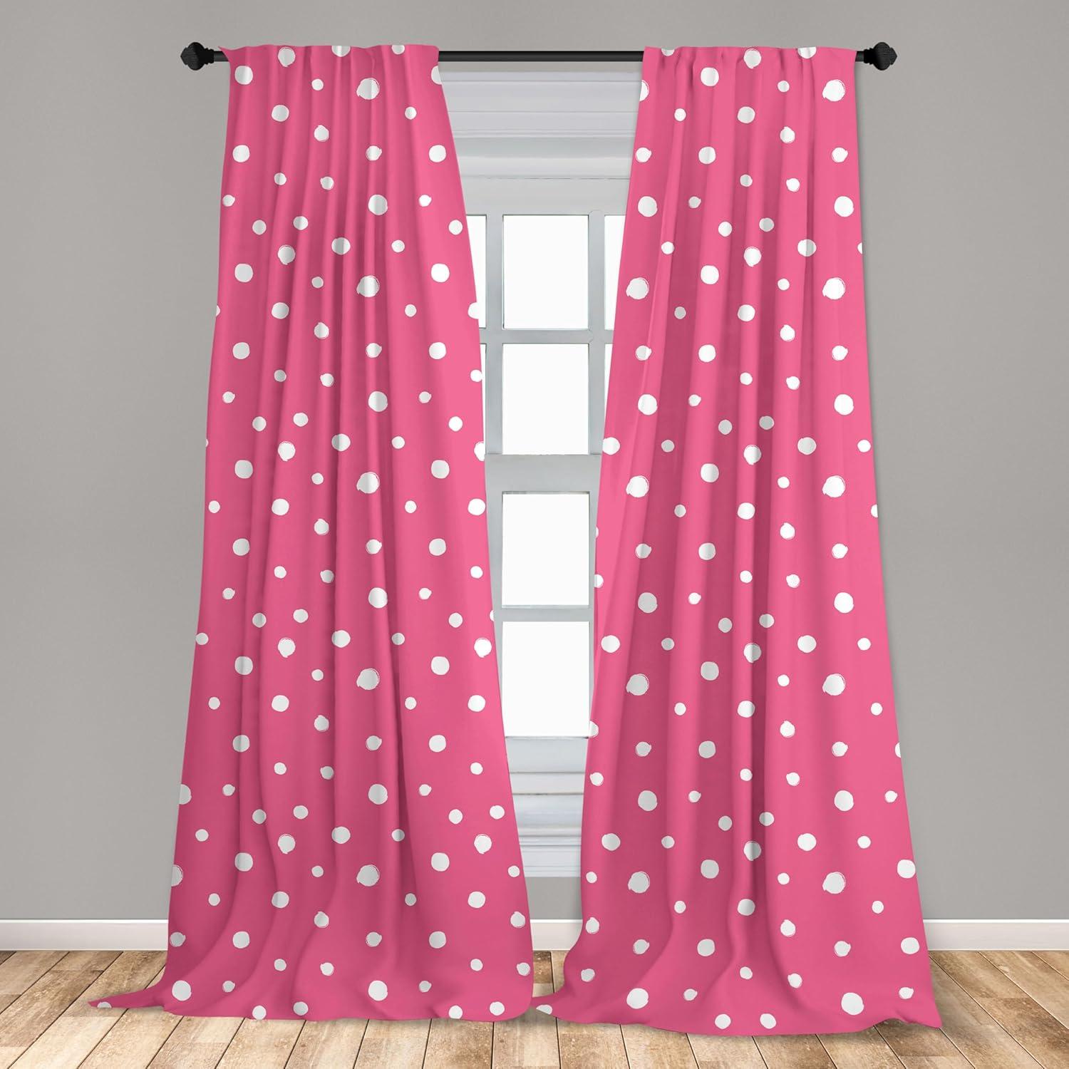 Ambesonne Pink Polka Dots Curtains, Grunge Drawn Rounds, Pair of 28"x63", Pink and White