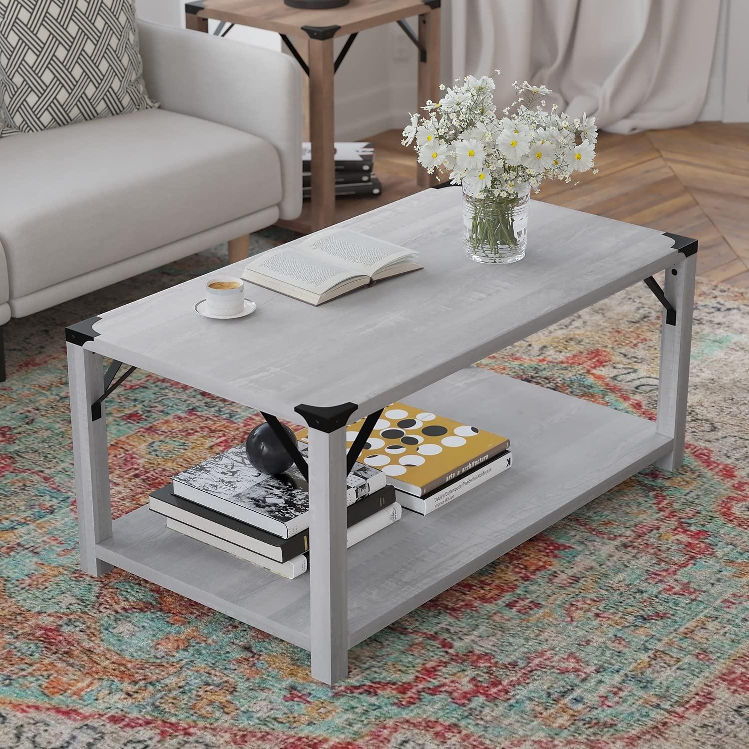 Flash Furniture Wyatt Modern Farmhouse Wooden 2 Tier Coffee Table with Black Metal Corner Accents and Cross Bracing, Aspen Gray