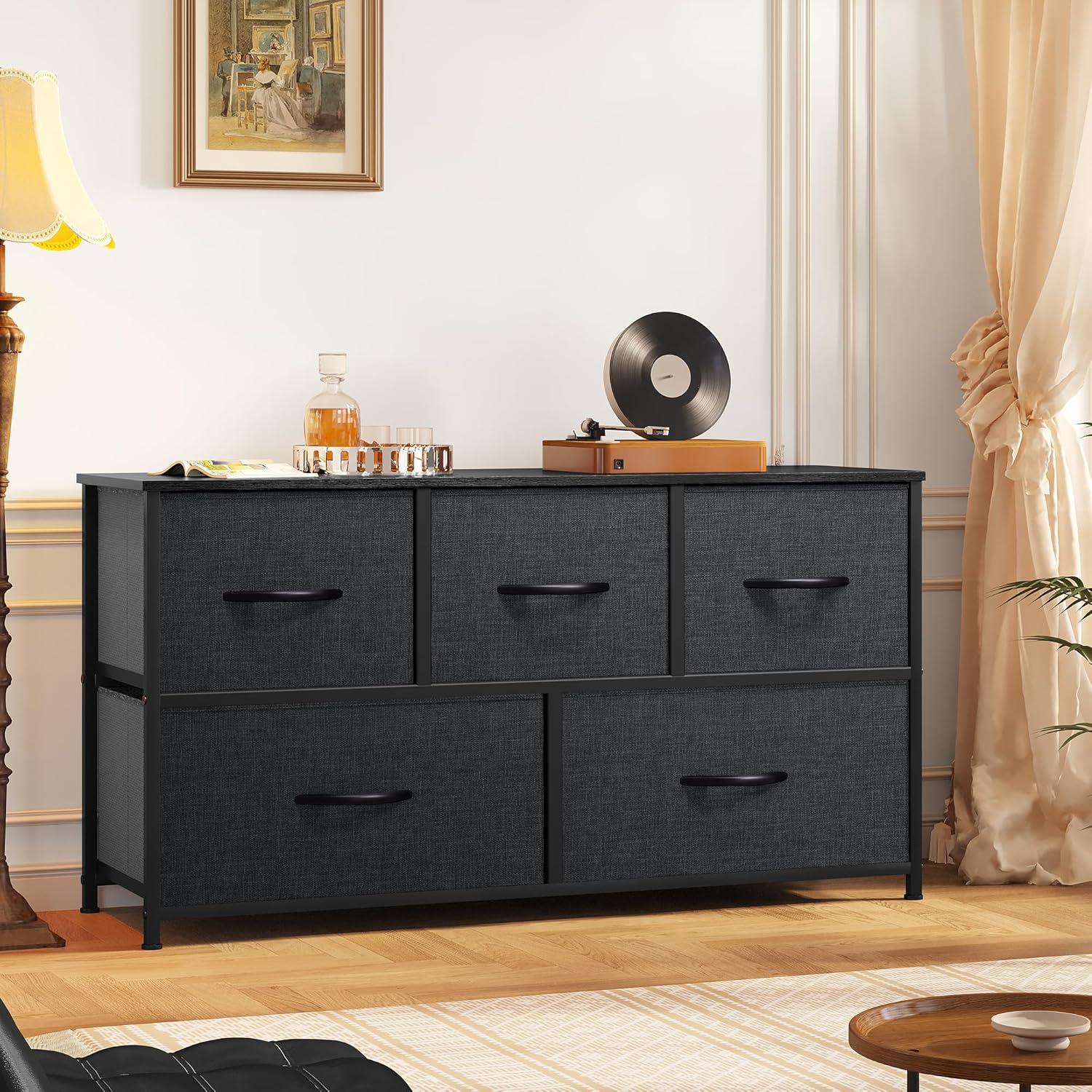 EDX 5 Drawer Dresser, Wide Chest Of Drawers Nightstand Storage Tower Storage Dresser Fabric Dresser With Wood Top for Living Room, Bedroom, Hallway,Black