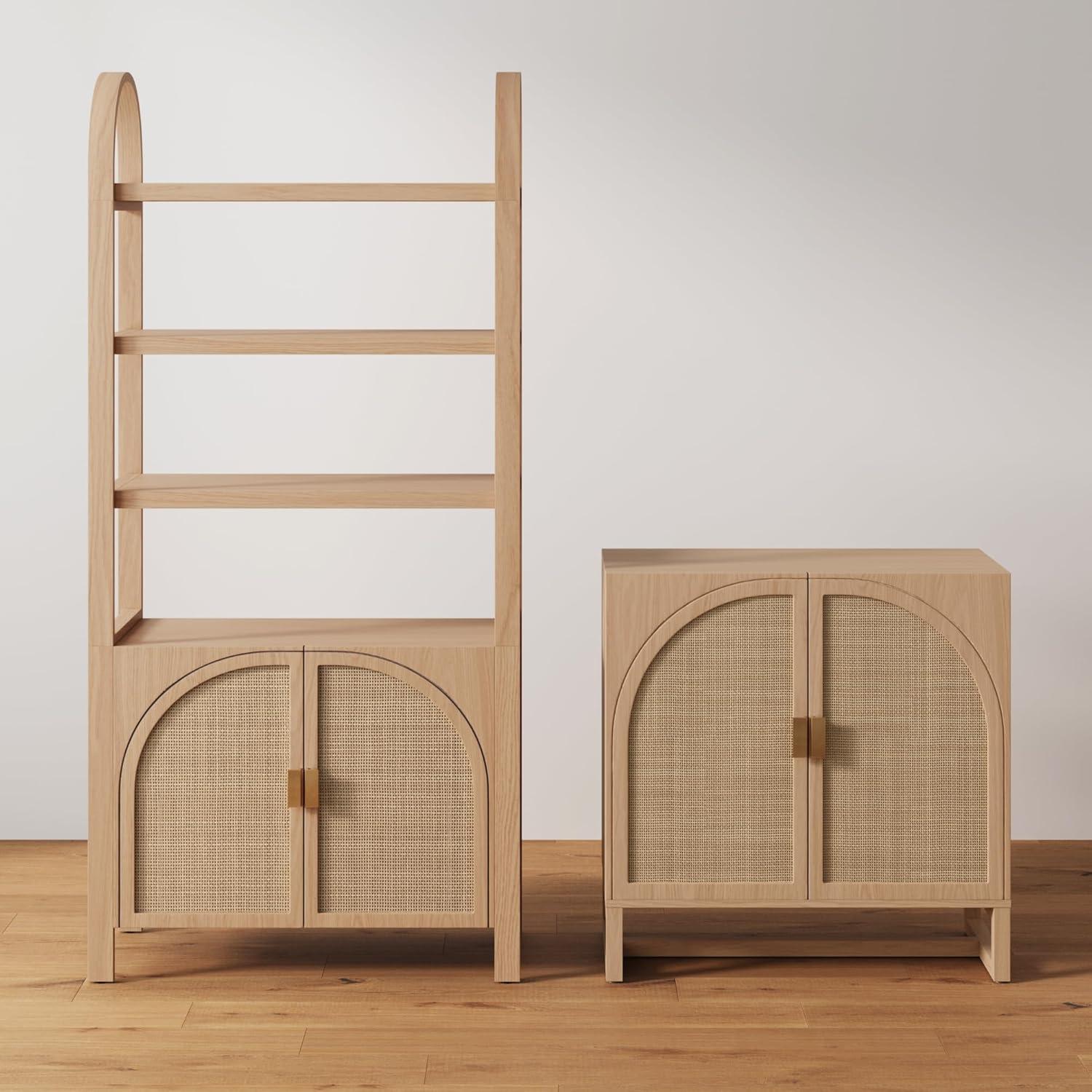 Nathan James Paxton Mid-Century Modern Wood Storage Cabinet with Doors, Arched Storage Cabinet for Living Room or Kitchen with Rattan Door Details, Raw Oak Set of 2