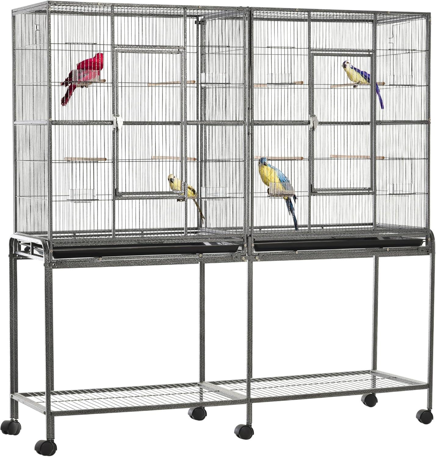 Pawhut 65" Double Rolling Metal Bird Cage Feeder With Detachable Rolling Stand, Storage Shelf, Wood Perch & Food Container