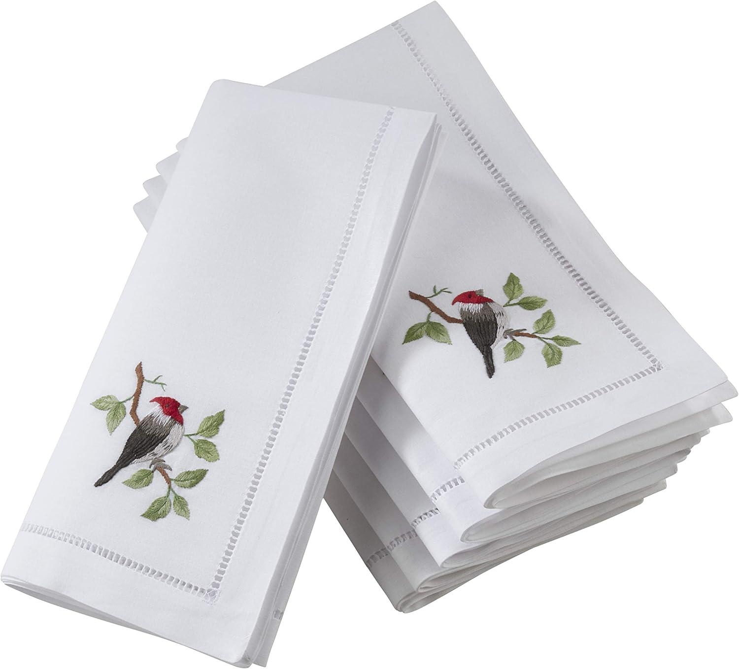 White Cotton Napkins with Woodpecker Embroidery, Set of 6