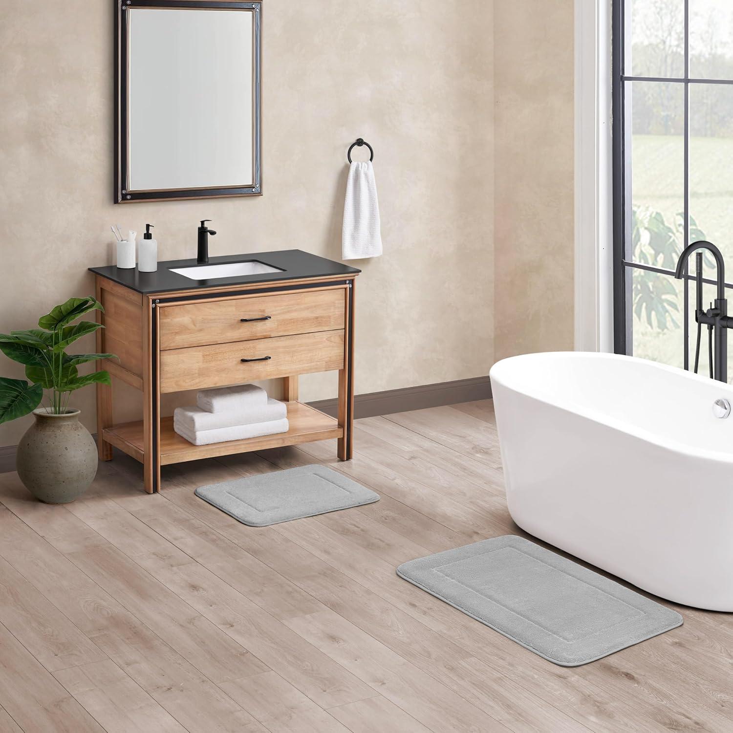 Terry Bath Mats, Set of 2 Memory Foam Bath Rugs, Non-Slip, 100% Polyester, Premium Bathroom Decor, Machine Washable, Measures 17 in. x 24 in. / 20 in. x 32 in., Light Gray