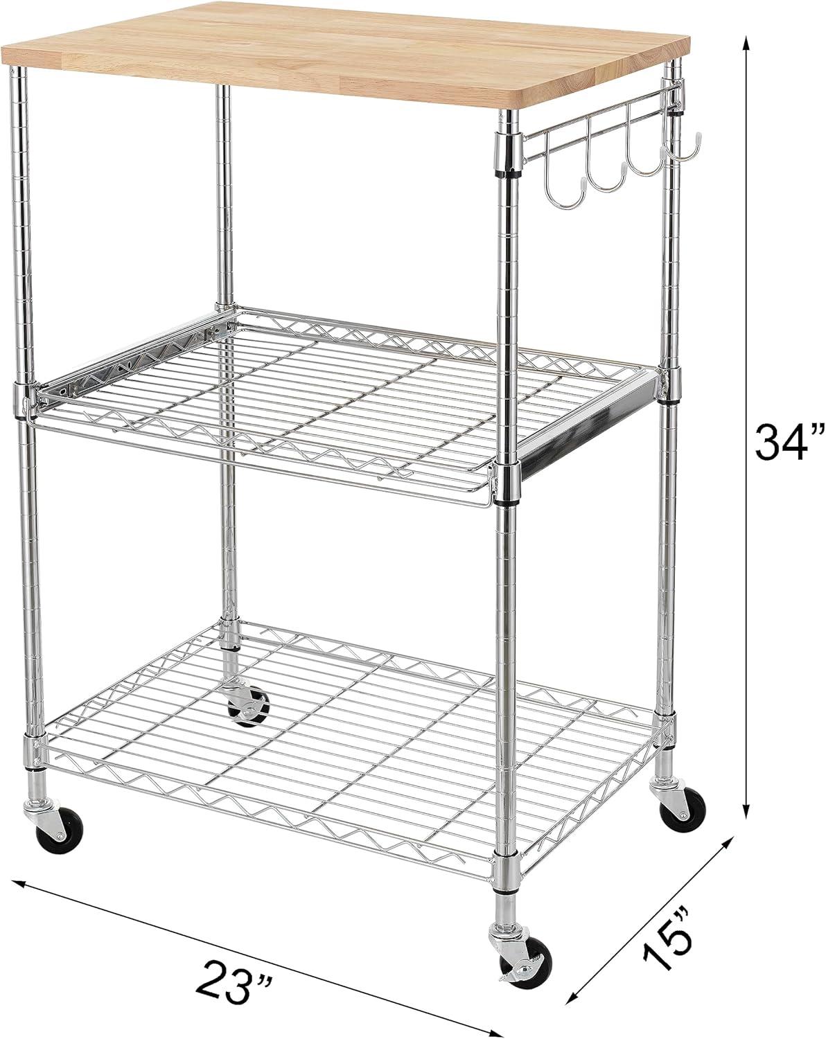 3-Tier Rolling Kitchen Cart, Microwave Cart with Oak Wood Tabletop and Drawer Slider, Coffee Cart & Food Service Cart with Hooks, Chrome