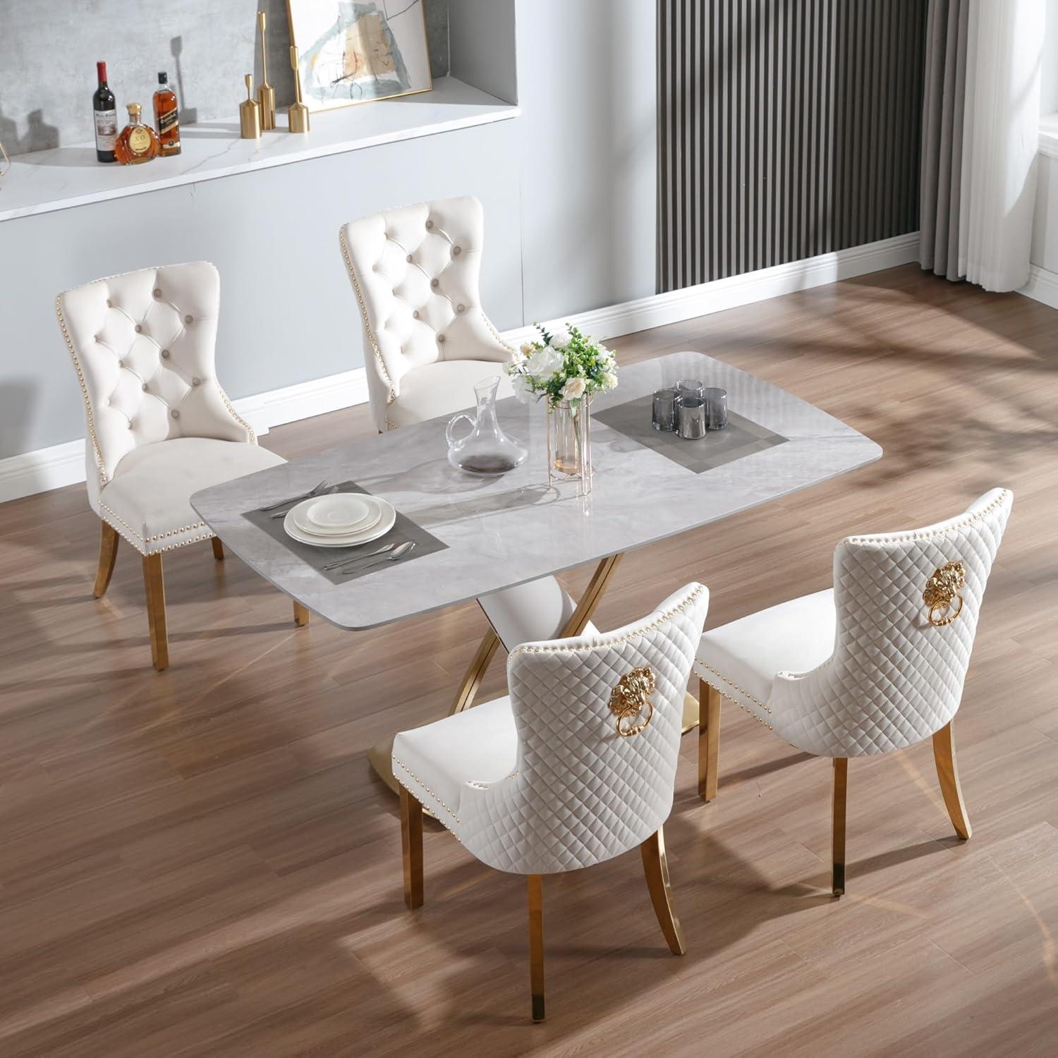 SoarFlash Velvet Dining Chairs Set of 4, Tall Back Side Chair, Modern Upholstered High-end Tufted Side Chair with Button Back Ring, Solid Wood Legs (Beige)