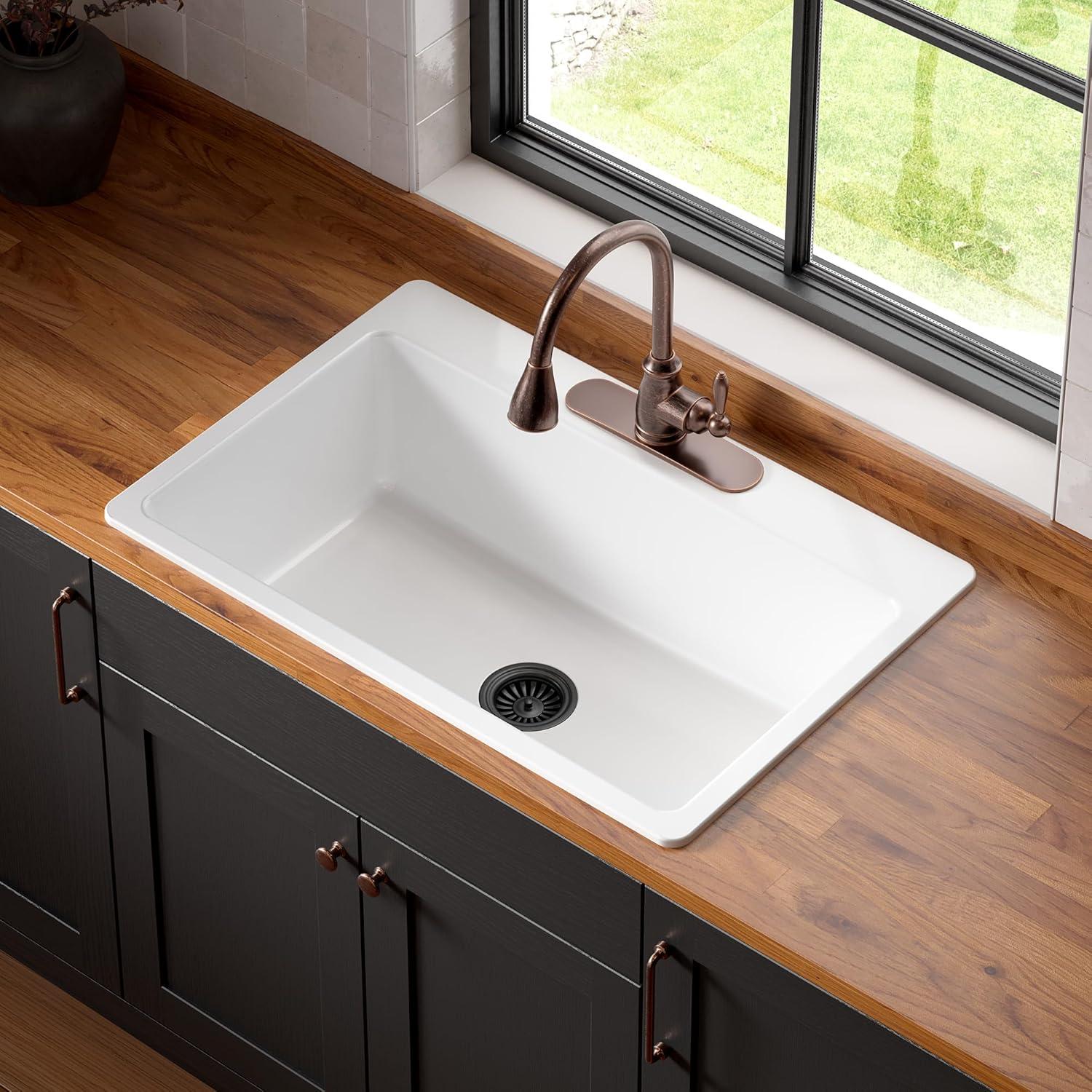 Jackson 33" Crisp White Fireclay Single Bowl Drop-In Kitchen Sink