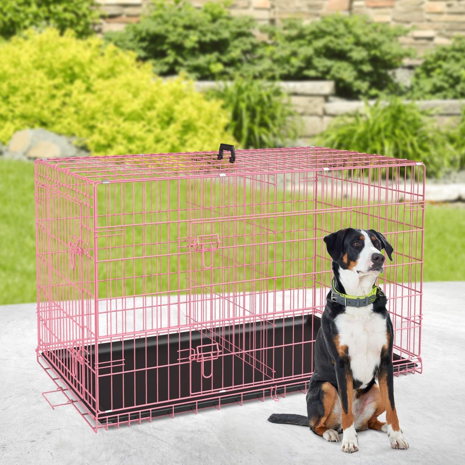 FDW 36 Inch Dog Crates for Large Dogs Folding Mental Wire Crates Dog Kennels Pet Dog Cage Crate with Double-Door Removable Tray and Handle,Pink
