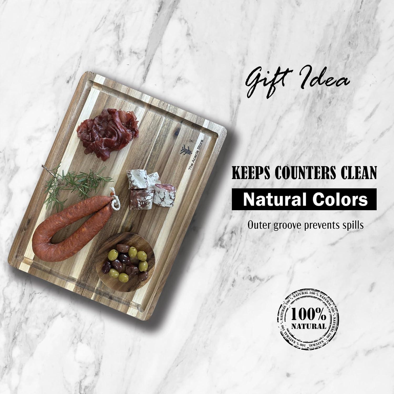 Wooden Cutting Boards for Kitchen | Natural Acacia Wood Chopping Board with Juice Grooves | Butcher Chopping Block Cheese Charcuterie Board for Home Kitchen