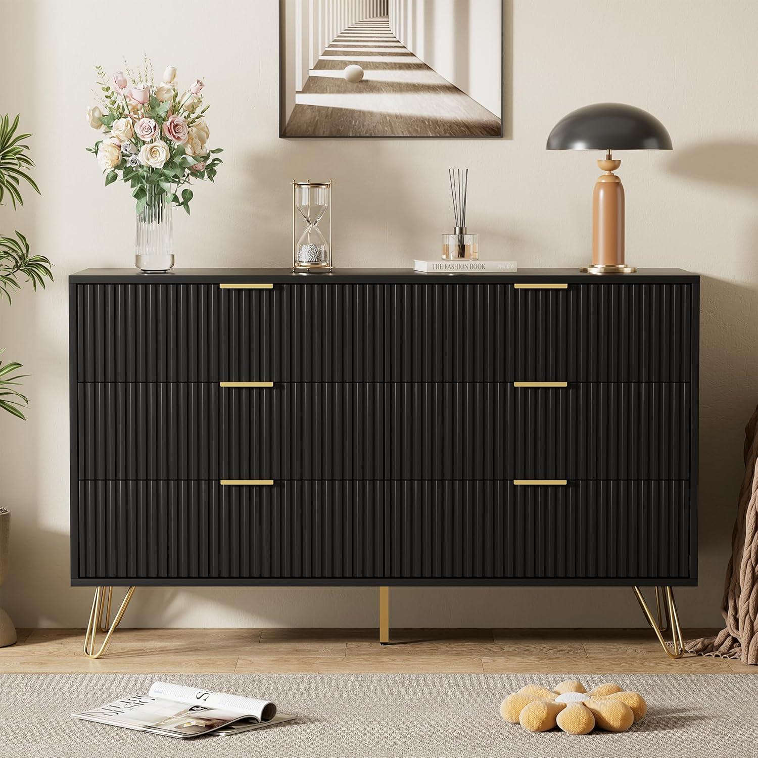 Black Dresser, Modern 6-Drawer Dresser for Bedroom with Gold Handles, Wide Chest of Drawers for Living Room