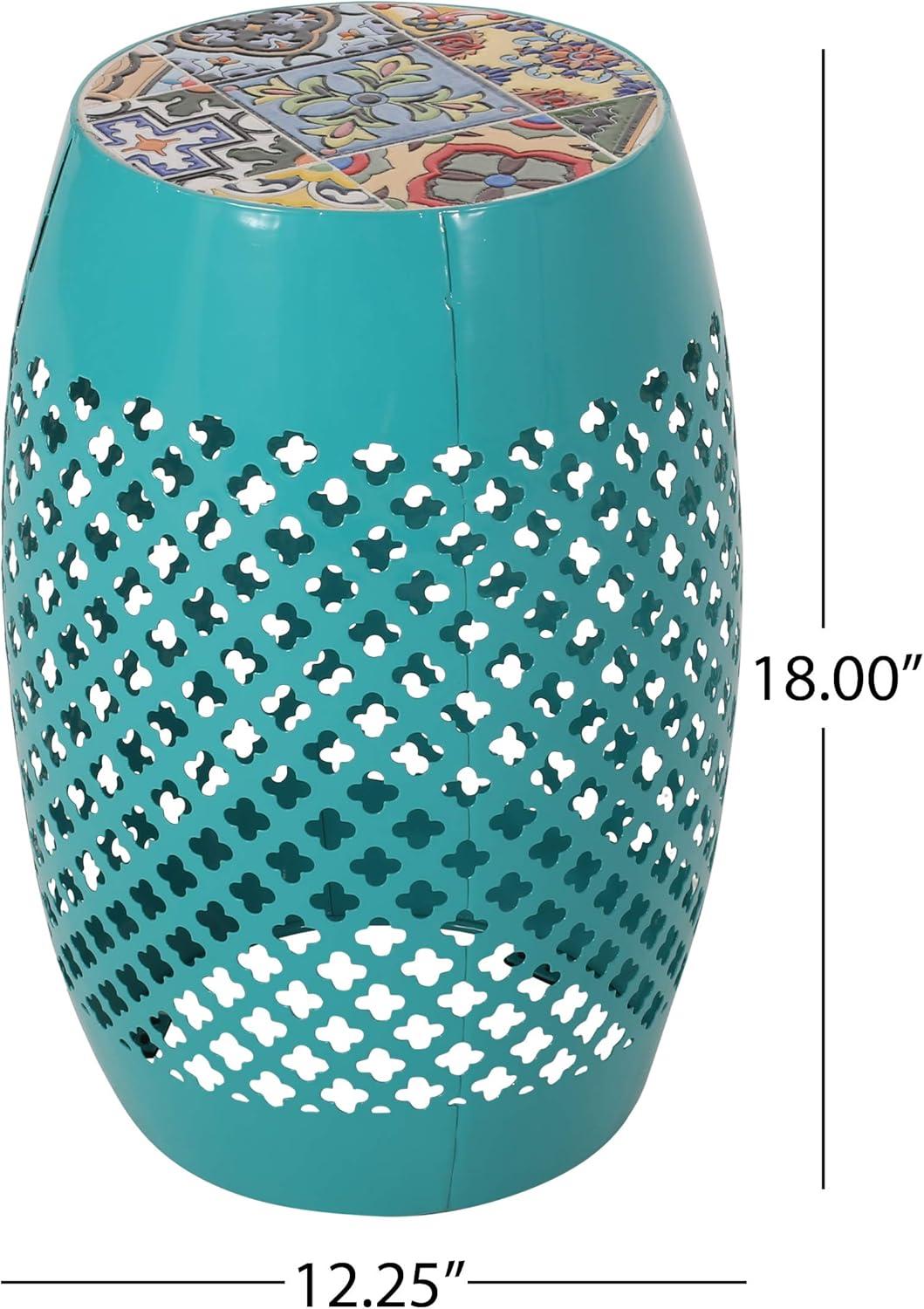 GDF Studio Kalyse Outdoor Lace Cut Side Table with Tile Top, Dark Blue and Multicolored