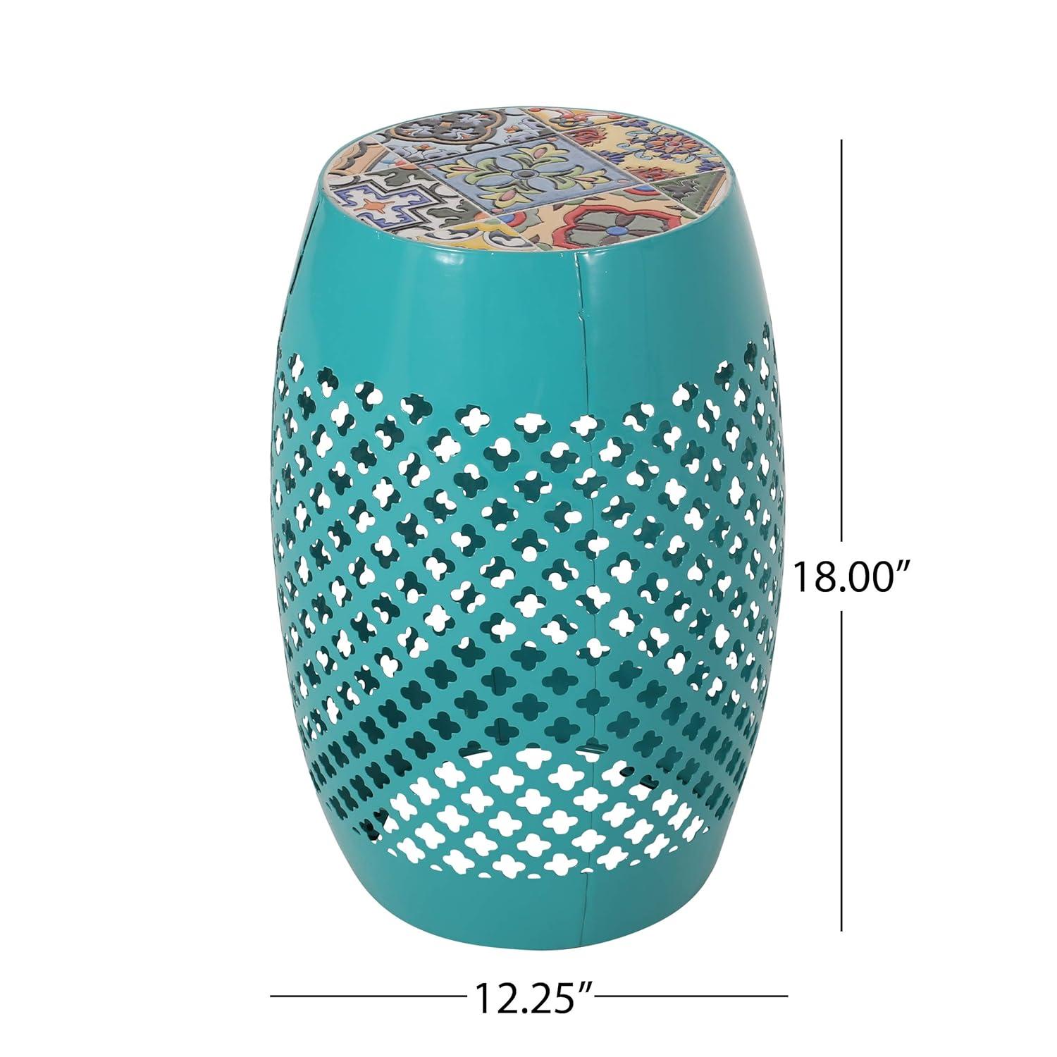 GDF Studio Kalyse Outdoor Lace Cut Side Table with Tile Top, Dark Blue and Multicolored
