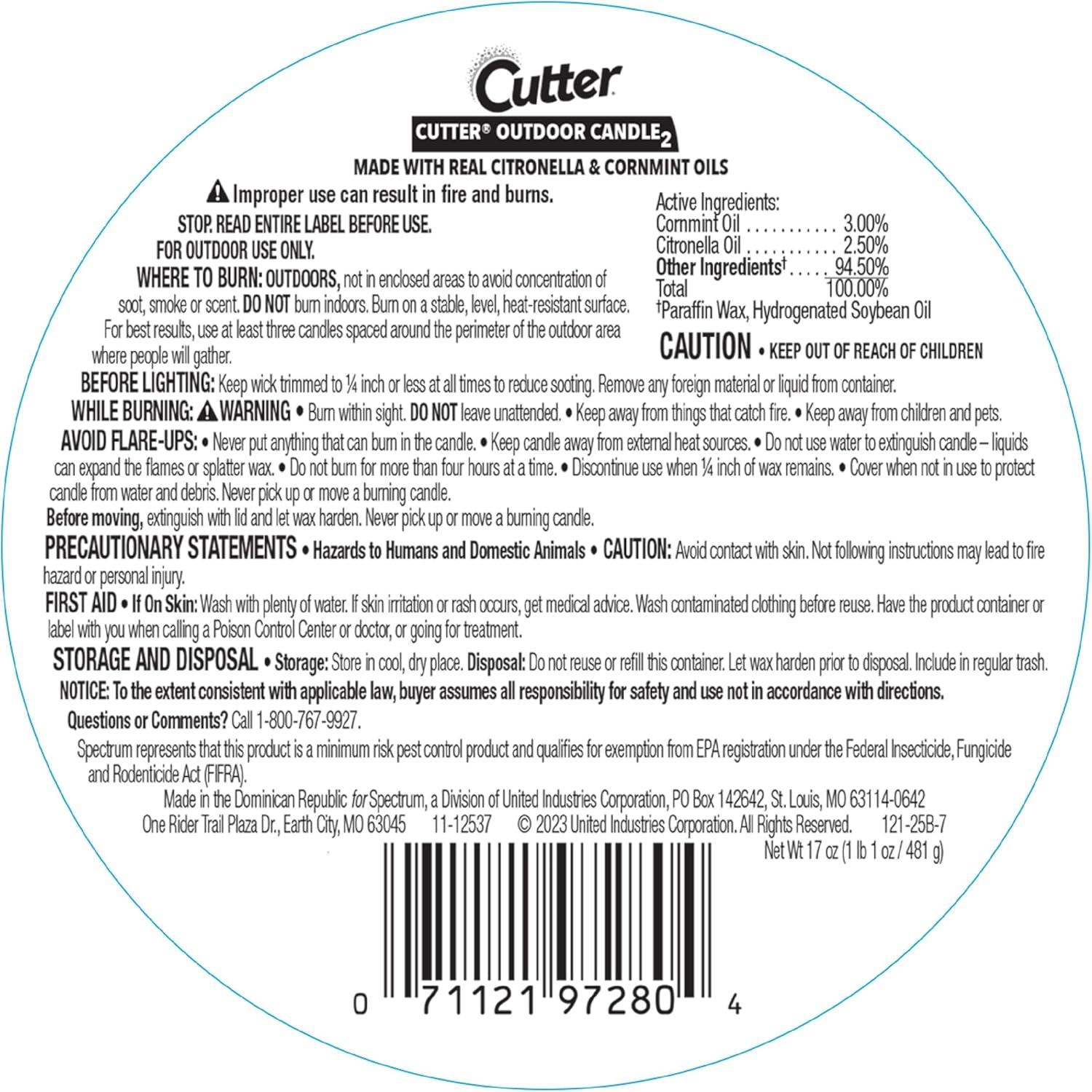 Cutter Outdoor Soy Wax Candle, Reduces The Presence of Mosquitos, Citronella & Mint Scent, 17 Ounces