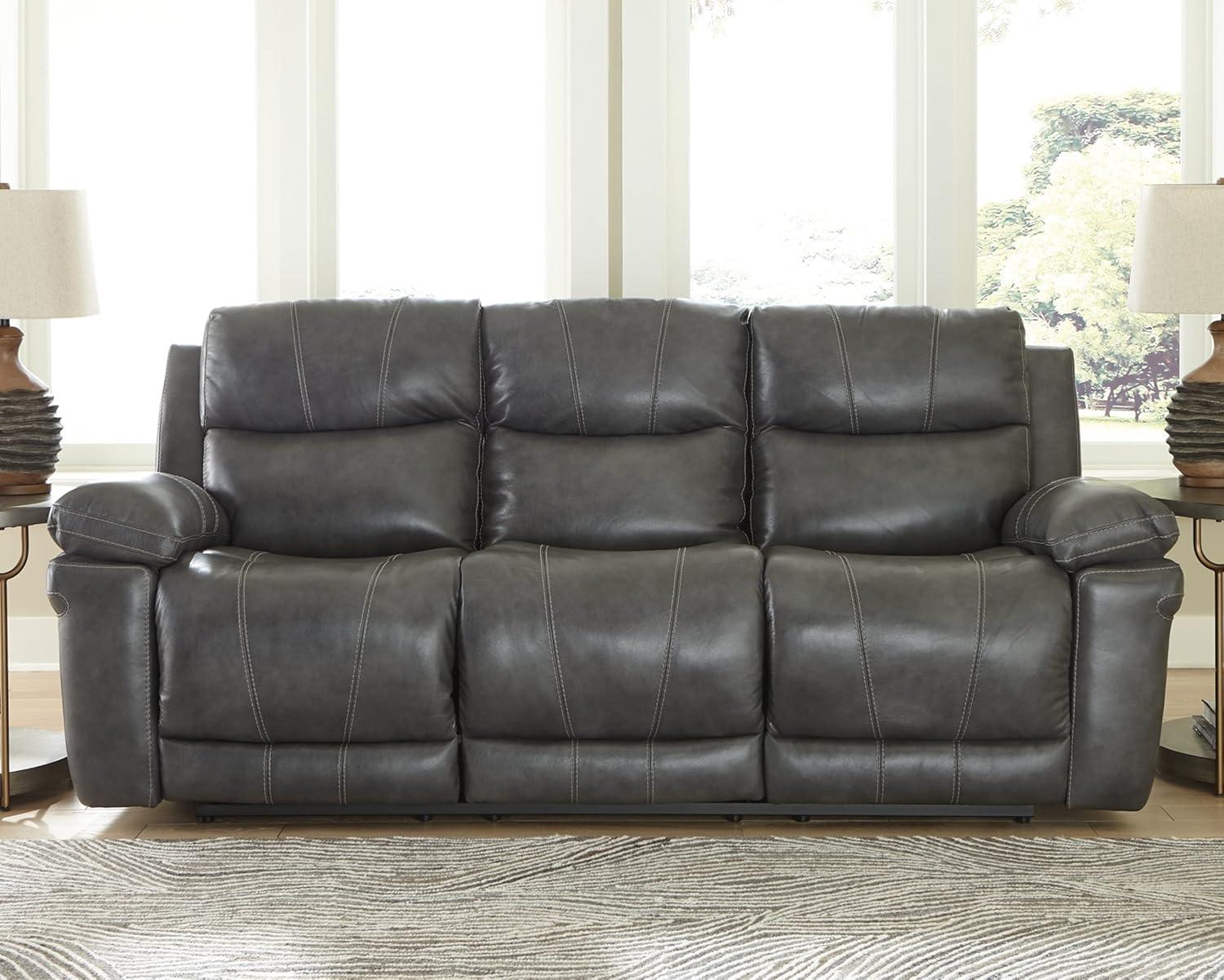 Charcoal Gray Leather Power Reclining Sofa with Ottoman