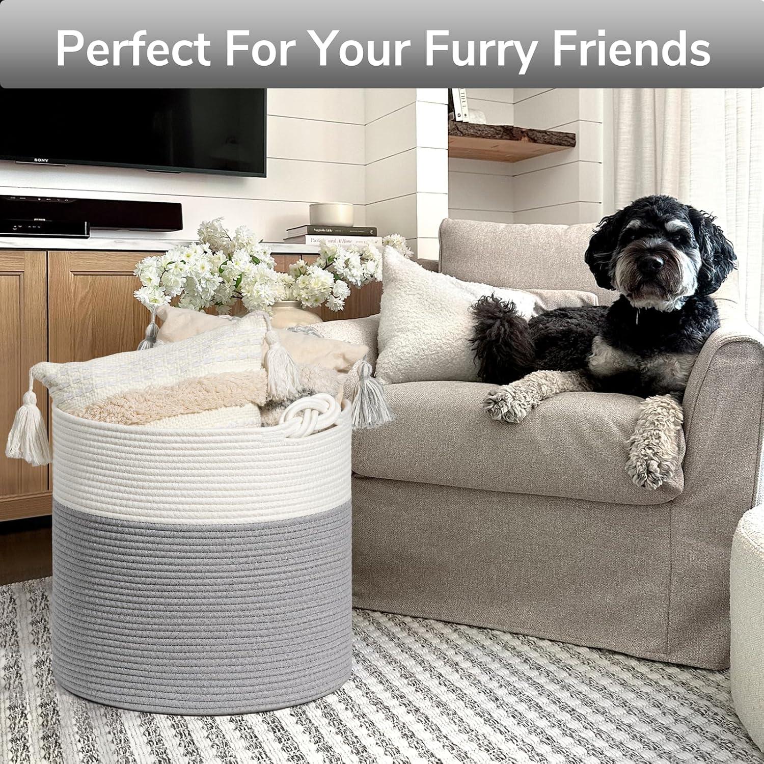 Goodpick Cotton Rope Basket with Handle for Baby Laundry Basket Toy Storage Blanket Storage Nursery Basket Soft Storage Bins-Natural Woven Basket, 15'' × 15'' × 14.2''